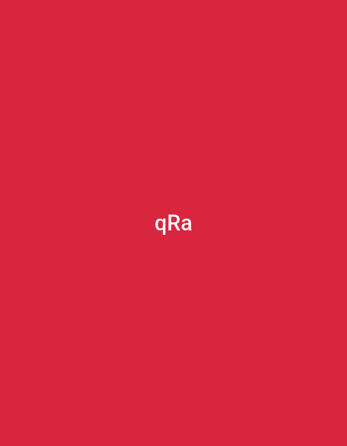 The image displays a flat, solid red background filling the entire frame. Centrally positioned on this red field is the white text "qRa". The text utilizes a sans-serif typeface, with the first character 'q' in lowercase, the second character 'R' in uppercase, and the third character 'a' in lowercase. No other subjects, objects, people, actions, or interactions are present in the visual frame. This scene is located in Casablanca, Morocco.