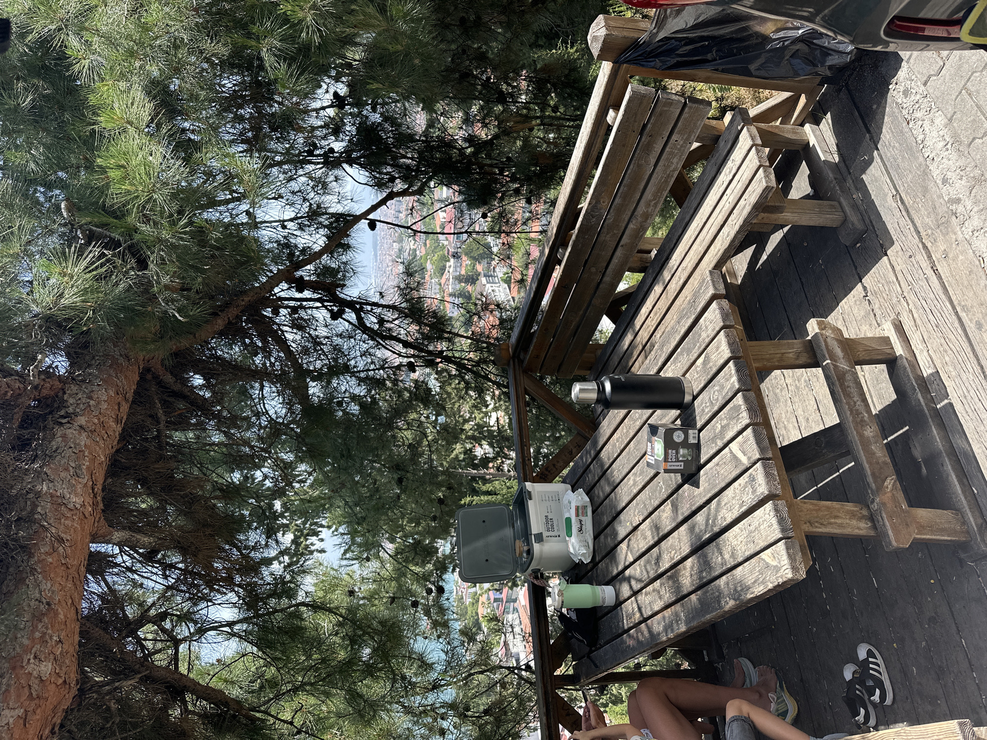 A wooden picnic table and bench sit on a wooden platform under a large tree with dense green foliage and pine cones, overlooking the city of Fethiye, Turkey. On the table are a black thermos, a boxed coffee maker, a white Stanley outdoor cooler, a green bottle, and a package of wipes. Two pairs of legs and feet are visible under the table. The top of a black car is partially visible in the upper right corner of the frame. The city of Fethiye is visible in the background, including buildings with orange roofs and a body of water. The scene is bathed in sunlight.