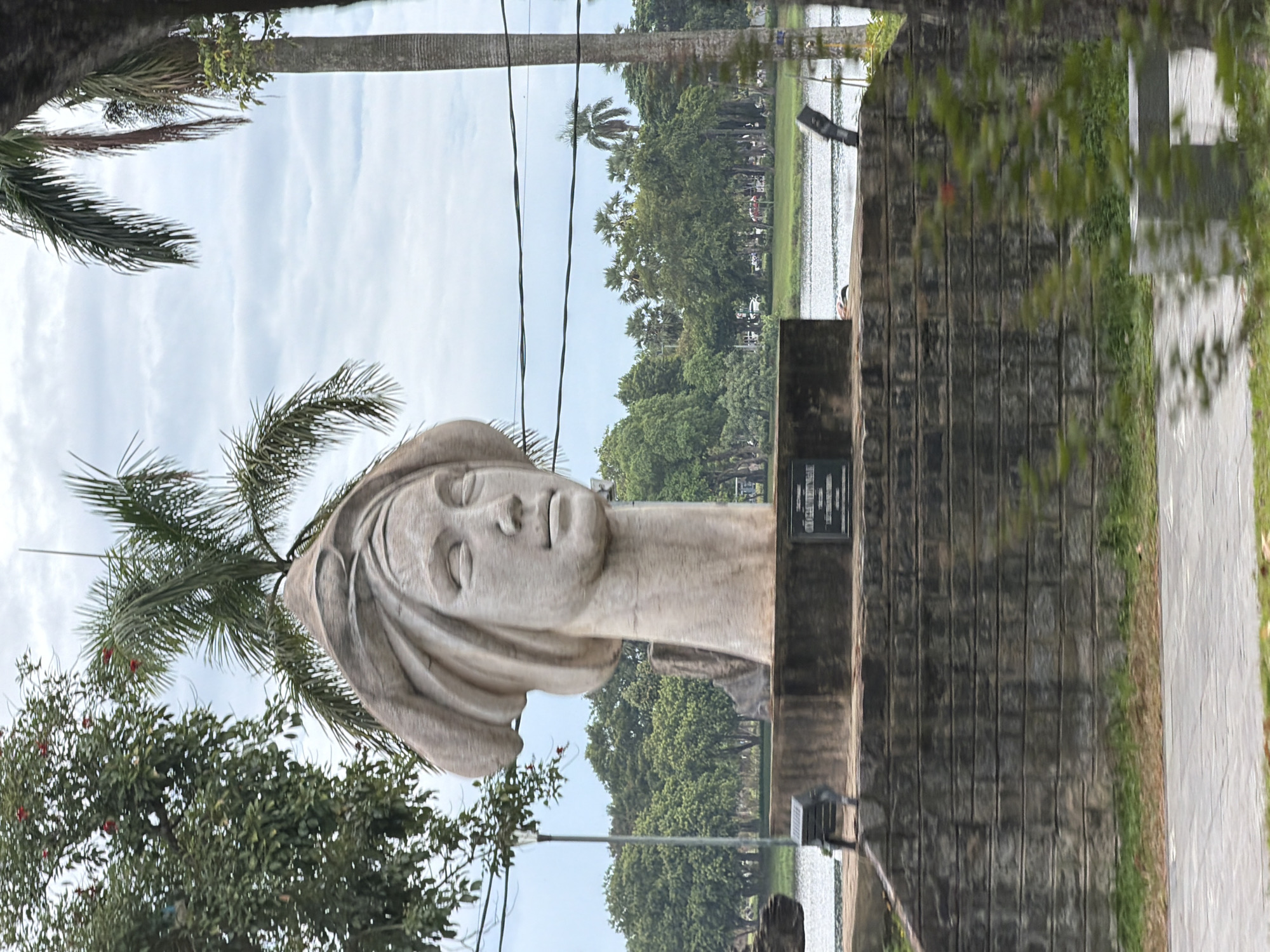 A large, stone sculpture of a woman's head is the central focus of the image. The sculpture depicts a serene face with closed eyes and lips slightly parted, wearing a draped head covering. It is mounted on a tiered pedestal made of rough-hewn stone blocks. The pedestal is situated on a stone wall, which appears to be constructed from similar blocks. In the background, a body of water, likely a river or lake, is visible, reflecting the overcast sky. Beyond the water, a lush landscape of green trees and palm trees stretches across the horizon. The environment suggests a public park or scenic area. A small plaque is affixed to the pedestal in front of the sculpture. The overall scene is static and captured in daylight, with muted colors due to the cloudy weather. The location is identified as Thuận Hóa Ward, Vietnam.