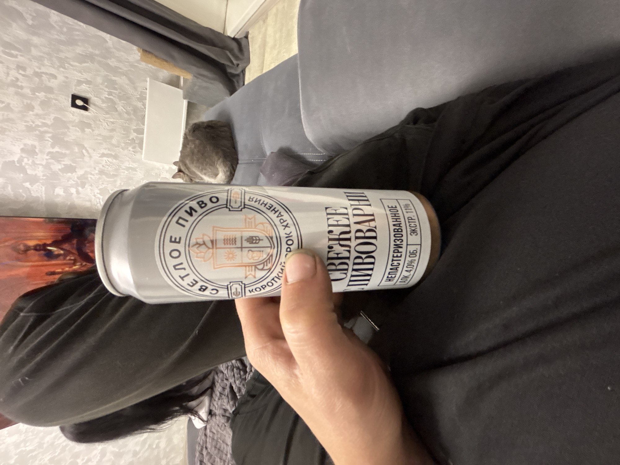 A person is holding a can of beer in their right hand. The can is white with gold lettering. The text on the can is in Russian. The person is sitting on a gray couch, with a cat sleeping on the cushion behind them. The location is Unknown, Unknown.
