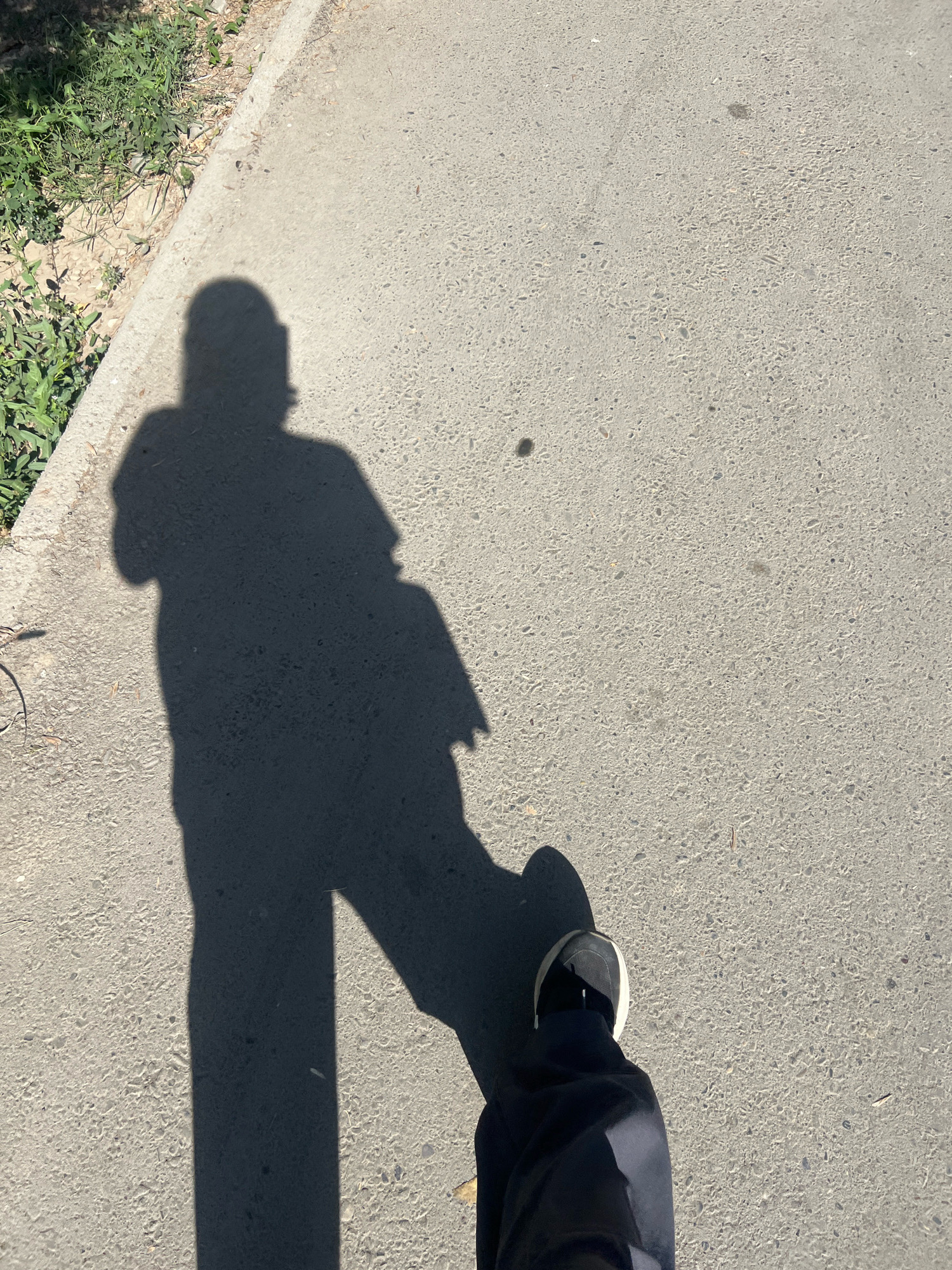 The image captures a first-person perspective of a person walking on a paved sidewalk in Osh City, Kyrgyzstan. The sun is casting a long shadow of the individual onto the textured gray concrete. To the left of the sidewalk, green grass and dry soil are visible, suggesting an outdoor environment. The person is wearing dark pants and a shoe with a white sole. The shadow indicates the person is facing away from the camera and holding a device, likely a phone, to take the photograph. The lighting suggests it is daytime.