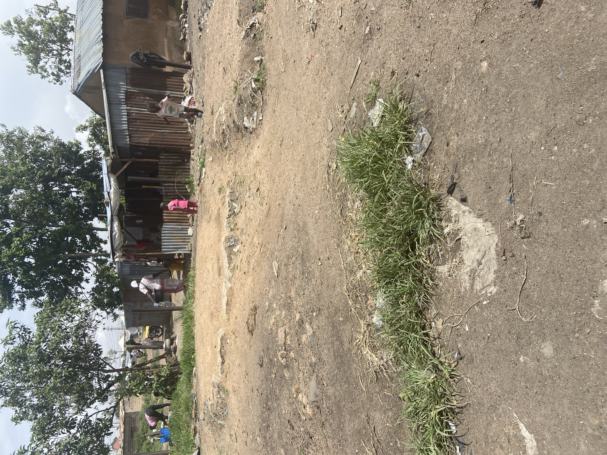 This media file shows an outdoor scene in a rural or informal settlement setting, possibly in Bukuru, Nigeria. The primary subjects are several people, appearing to be children and adults, engaged in various activities.
In the foreground, the ground is a mixture of dirt and some sparse, dry vegetation. A patch of green grass grows along the left side of the frame. Some debris, including what appears to be plastic waste, is scattered on the ground.
In the midground and background, there are simple structures that look like homes, constructed with corrugated metal and what appears to be mud or unpainted brick. These buildings are weathered and show signs of age.
Several people are visible near these structures. One child, wearing a white t-shirt, is standing and appears to be looking towards the camera. Another person, wearing pink clothing, is also visible. Further back, more individuals are seen, some of whom appear to be involved in domestic chores. One person is near what might be a water source or washing area, with a blue bucket visible.
The time of day appears to be daytime, with bright sunlight casting shadows, suggesting it is not early morning or late evening. The weather appears to be clear and possibly warm, typical of a sunny day in this region.
There is no readily discernible text visible in the media file that provides specific location details or information about the event. The overall impression is one of everyday life in a community where resources may be limited, with people going about their daily routines outdoors.