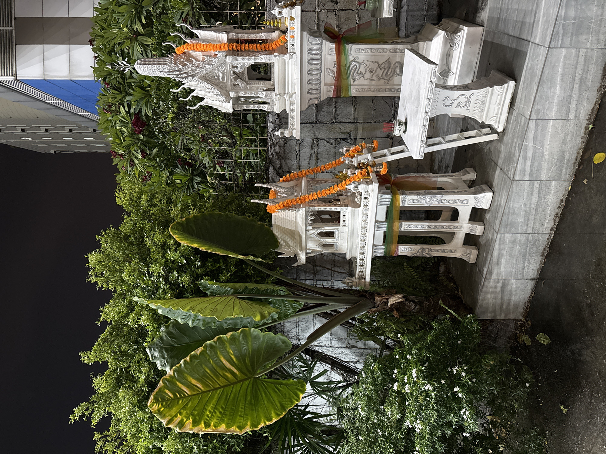 The image depicts a spirit house in Bangkok, Thailand. The spirit house is composed of two white, ornate structures, adorned with orange marigold garlands. One structure includes a table with small chairs and a ladder. Behind the spirit house, there is lush greenery. A modern building with white and blue panels is visible in the background. The ground is paved with grey tiles, suggesting a pedestrian area. The scene is captured at night, with an illuminated building and greenery contrasting against the dark sky.