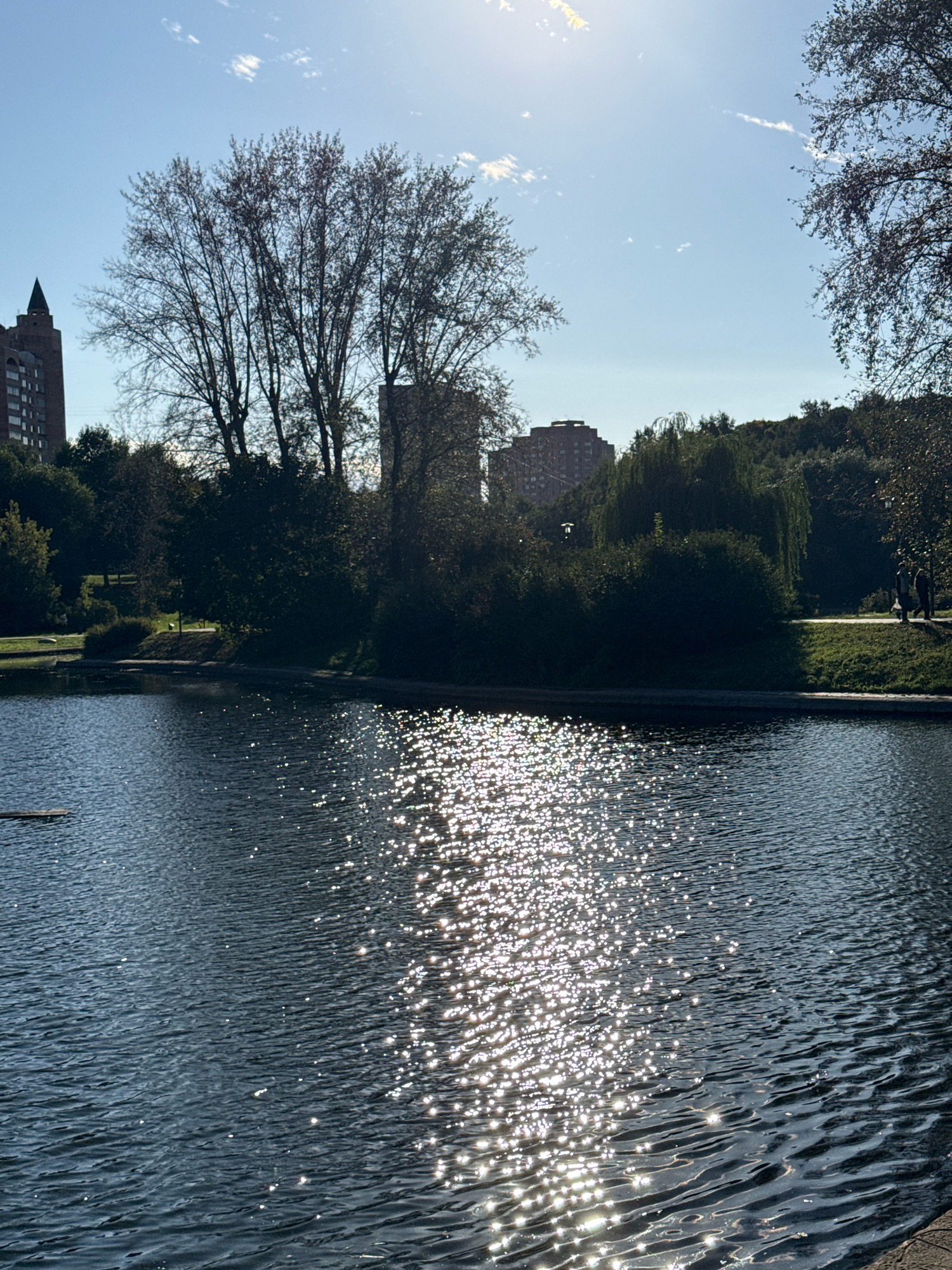 An outdoor, slightly low-angle, vertical shot depicts a tranquil park scene with a body of water in the foreground. Sunlight glints off the surface of the water, creating a shimmering effect. Trees line the far bank of the water, with buildings visible in the background. The sky is a clear blue with a few wispy clouds. Two figures can be seen walking on a path near the trees in the mid-ground. The overall impression is one of peacefulness and natural beauty.