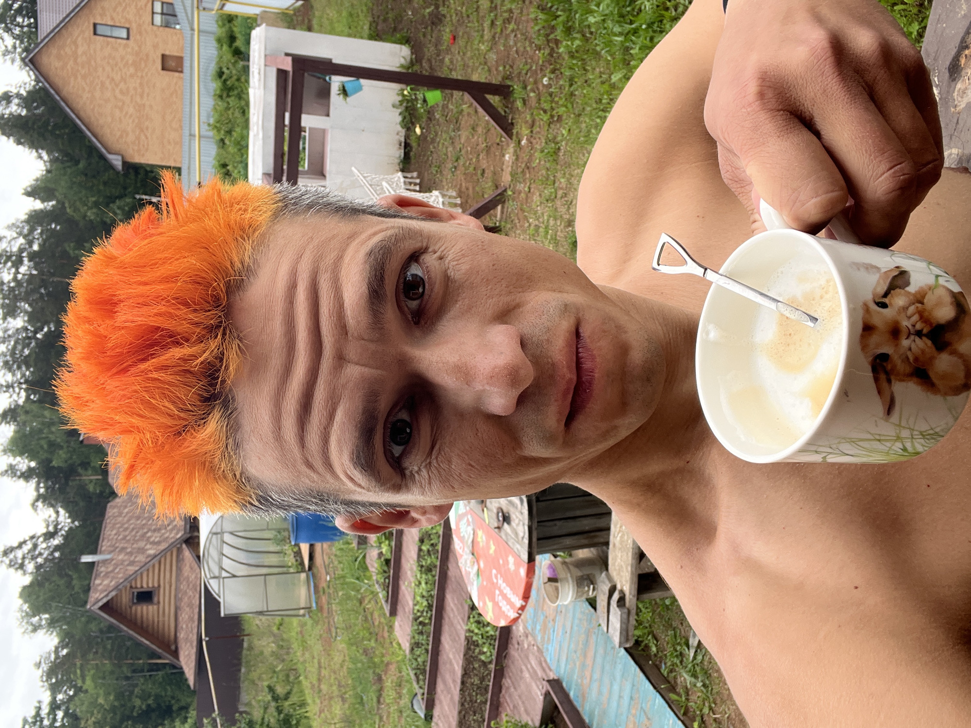An adult male with bright orange, spiky hair and graying temples is depicted in a medium close-up, looking directly at the camera with a neutral expression. He is shirtless, revealing his bare chest and shoulders, and holds a white mug filled with a frothy drink, likely coffee, in his right hand. A small, distinctive silver spoon with a spade-like end rests in the mug. The mug features a graphic of a light brown, fluffy animal, possibly a rabbit or puppy, on its side.
The scene is set outdoors in what appears to be a rural or semi-rural area, characteristic of a dacha in Chaikovsky, Russia. The background shows an overcast sky and lush greenery, including trees and grass. Several structures are visible: a two-story light brown house with a dark roof on the left, and another, smaller wooden house further back. A small, clear greenhouse and a partially constructed building are also present. On a wooden surface in the mid-ground, a circular red sign with white text is partially visible, showing "С НОВЫМ" (part of "Happy New Year" in Russian). The ground has patchy grass and some bare earth. The overall lighting suggests daytime under cloudy conditions.