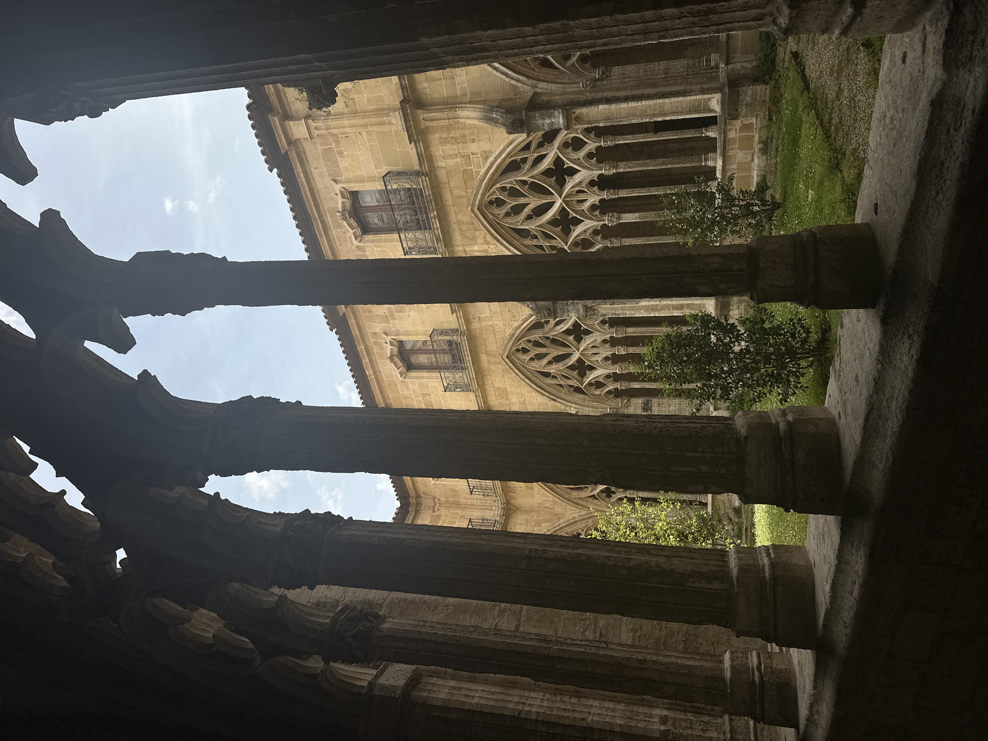 The image captures a view of the courtyard of the Monastery of San Vicente in Oviedo, Spain. The scene is framed by stone arches and columns of the cloister, partially obscuring the architecture beyond. The architecture of the monastery features decorative stonework and large arched windows. A green space with trees is visible in the courtyard. The sky is visible through the openings between the cloister's arches and the building. The image is taken from a low angle, looking upwards towards the courtyard and the building.
