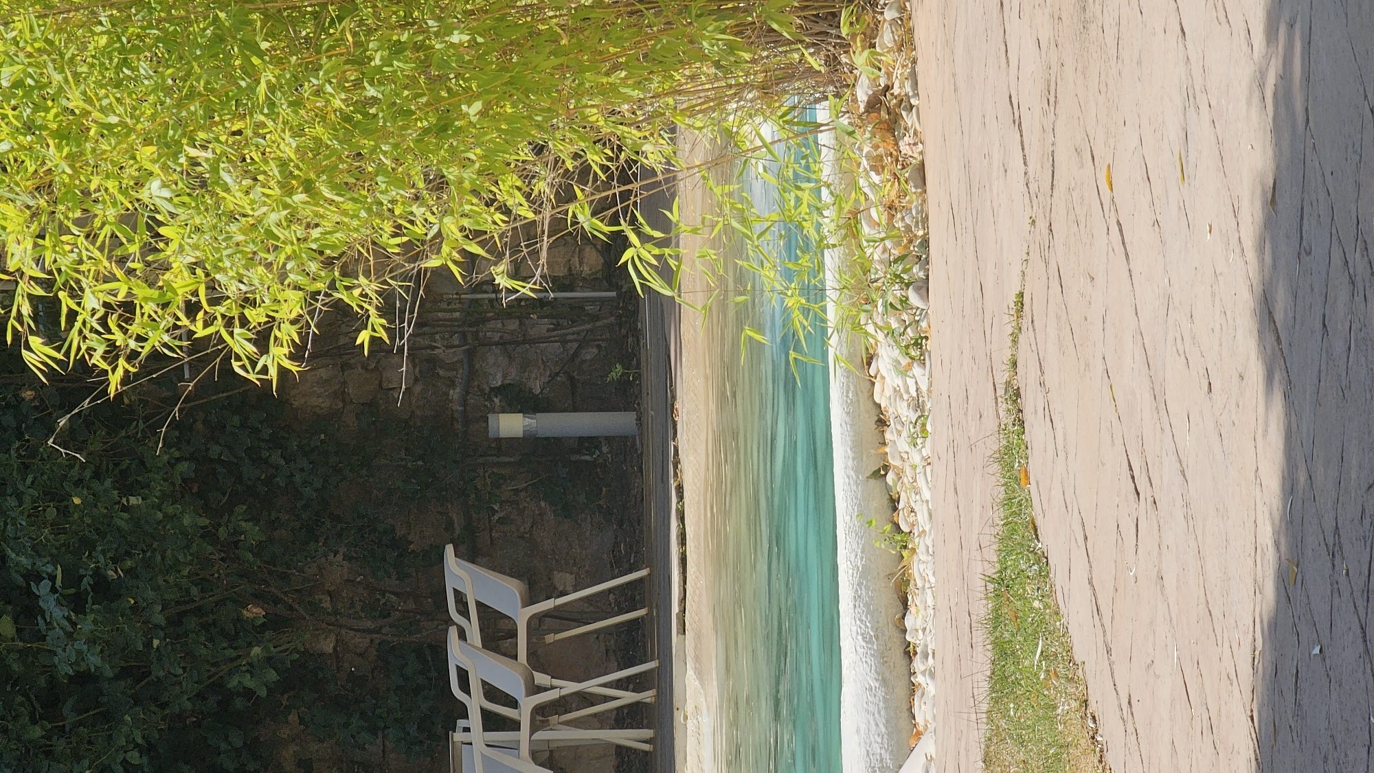 A sunlit outdoor scene features a swimming pool with turquoise water. The pool is bordered by white coping stones and a layer of small, smooth pebbles. Beyond the pool, a stone wall is visible, partially covered by dense green foliage. To the right of the pool, a clump of bright green bamboo stalks with slender leaves stands tall. In the foreground, a textured reddish-brown paved walkway leads towards the pool. Three white plastic chairs are positioned on a wooden deck next to the pool, facing away from the camera. A short, cylindrical light fixture stands on the deck near the wall. The overall environment suggests a tranquil outdoor recreational area.