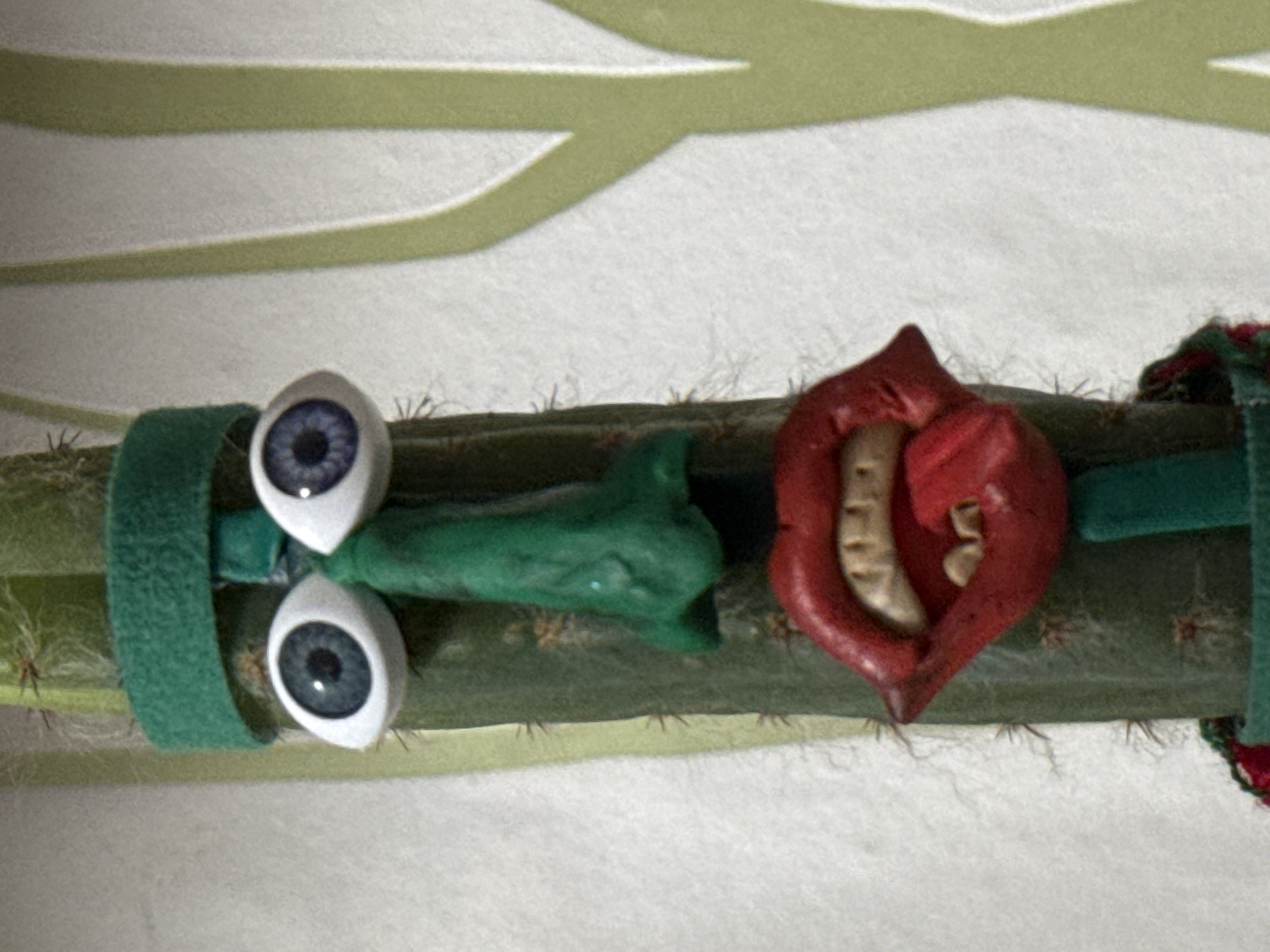 The image depicts a section of a cactus, adorned with craft items to resemble a character. The cactus segment lies horizontally with a light green, fuzzy texture. Attached to the cactus, secured with green fabric bands, are two googly eyes, a green sculpted head, and a red sculpted object resembling lips with beige teeth inside. There is a light-colored background with abstract green lines.
The location is not specified in the image, and there's no clear way to identify the city of Novo-Nikol'skoe, Russia, or any other location, from the image details.
