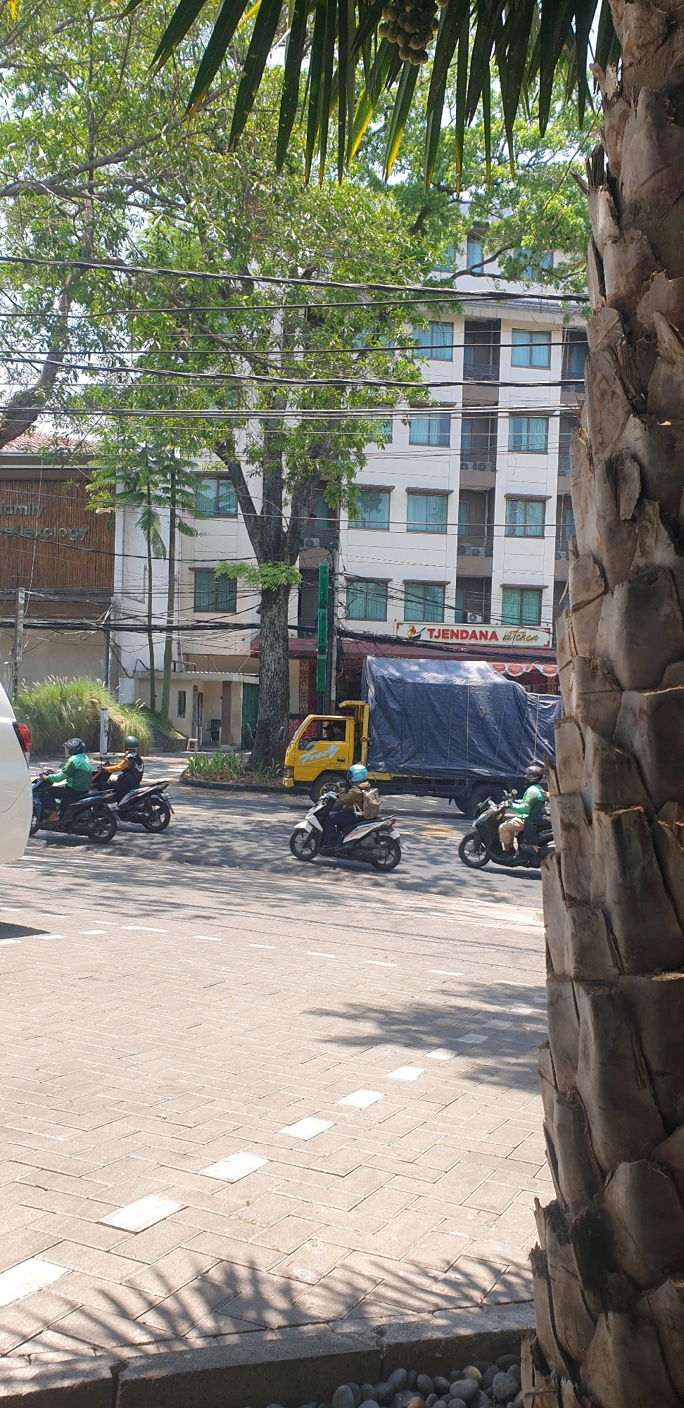 This is a street scene in Bandung City, Indonesia, with a focus on a paved road with several motorcycles and a yellow truck. In the foreground, a textured palm tree trunk is visible on the right, partially obscuring the view. The road is paved with interlocking concrete blocks, with some white markings indicating lanes or pedestrian crossings.
On the road, three motorcycles are depicted in motion. The closest one on the right has a rider wearing a helmet and a backpack, moving from left to right. To the left of this, another motorcycle is moving in the same direction, with its rider wearing a green jacket and a helmet. Further left, a third motorcycle is also moving from left to right, with a rider in a green jacket and helmet. The motorcycles are all of the scooter type.
Behind the motorcycles, a yellow truck with a dark blue tarp covering its cargo is stopped or moving slowly. The truck has a visible driver. In the background, there is a multi-story building with white and brown exterior walls, featuring numerous windows with blue curtains. A sign above the truck reads "TJENDANA kitchen". Trees with dense green foliage are prominent in the background and midground, casting shadows on the road. Some overhead power lines are also visible. To the left of the building, a structure with bamboo-like siding is present, with text that appears to be "family Ginekologi" visible. Green shrubs and grass are also present along the side of the road. The scene is brightly lit, suggesting daytime.