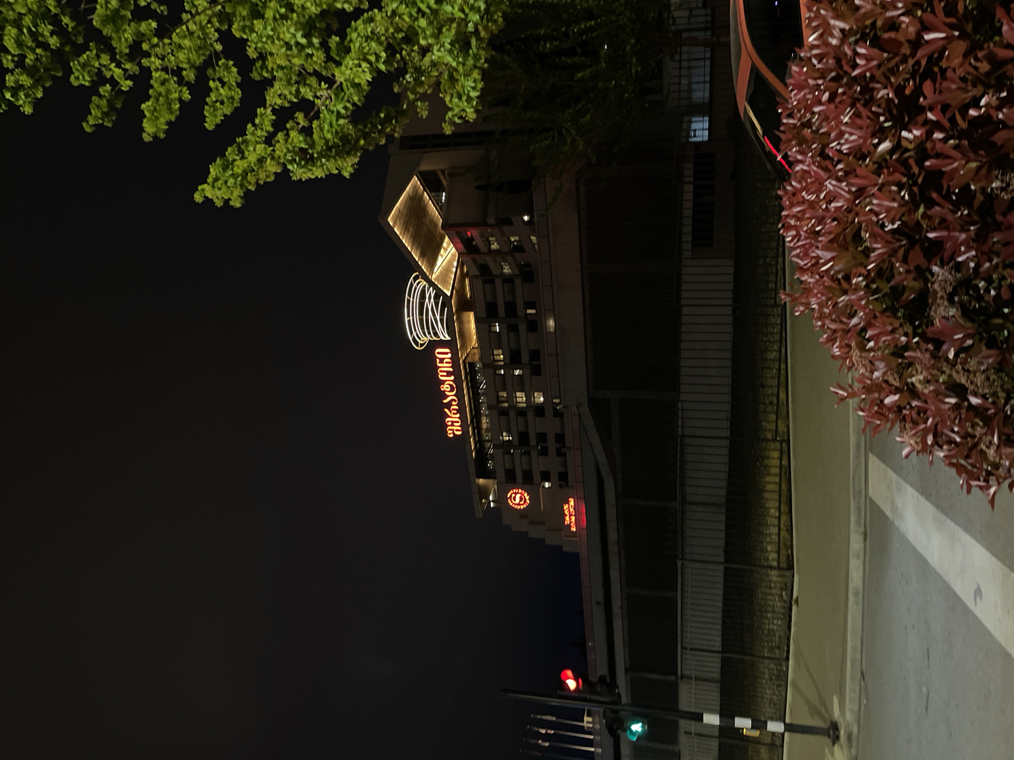 This night-time urban scene captures a prominent building, likely a hotel, in Tbilisi, Georgia, illuminated against a dark sky. The building is multi-storied with several lit windows, showcasing a modern architectural style with various light installations.
A large, distinctive sign on the upper part of the building features Georgian script, which appears to read "აჭარა" (Achara/Ajara). Below this, a decorative circular light structure is visible. Further down the building, a prominent red and white "Sheraton" logo (a stylized 'S') is displayed, confirming the identity of the establishment as a Sheraton hotel. Another sign in Georgian script, "საქართველო" (Sakartvelo), meaning Georgia, is visible beneath the Sheraton logo, reinforcing the location.
In the upper left corner, vibrant green foliage from a tree extends into the frame, partially obscuring the building's top section. On the right side of the image, a dense bush with reddish-brown leaves adds a contrasting organic element to the urban setting.
At street level, a traffic light pole stands tall, displaying both a red light and a green light. A black and white striped barrier or pole is positioned nearby. A paved area or sidewalk with a faint white line is visible in the foreground, adjacent to what appears to be a metal fence or wall. The overall impression is a quiet, well-lit street scene at night in a city. No people are visible in the frame.