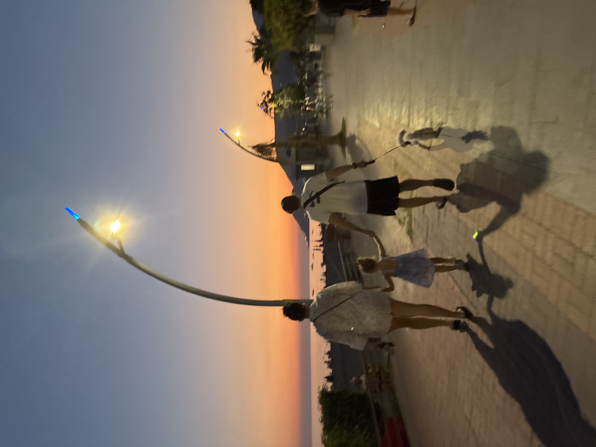 An outdoor, eye-level shot captures a family walking along a promenade in Alanya, Turkey, during twilight. The sky displays a gradient of blue and orange, with the sun having set below the horizon, casting a warm glow over the scene. A large, curved lamppost with a bright yellow light and a blue tip illuminates the path.
In the foreground, a family of three, including two adults and a young child, walks away from the camera. An adult, on the left, is dressed in a light-colored, patterned shirt and shorts. Next to them, a child in a blue dress holds their hand. Another adult, on the right, wears a white t-shirt and black shorts and holds a leash attached to a small dog walking beside them. Their shadows stretch long across the paved promenade.
Further down the promenade, other people and palm trees are visible, with buildings and mountains in the distance. The sea is visible on the left side of the image, reflecting the sky's colors. The overall atmosphere is serene and peaceful, suggesting a pleasant evening stroll.