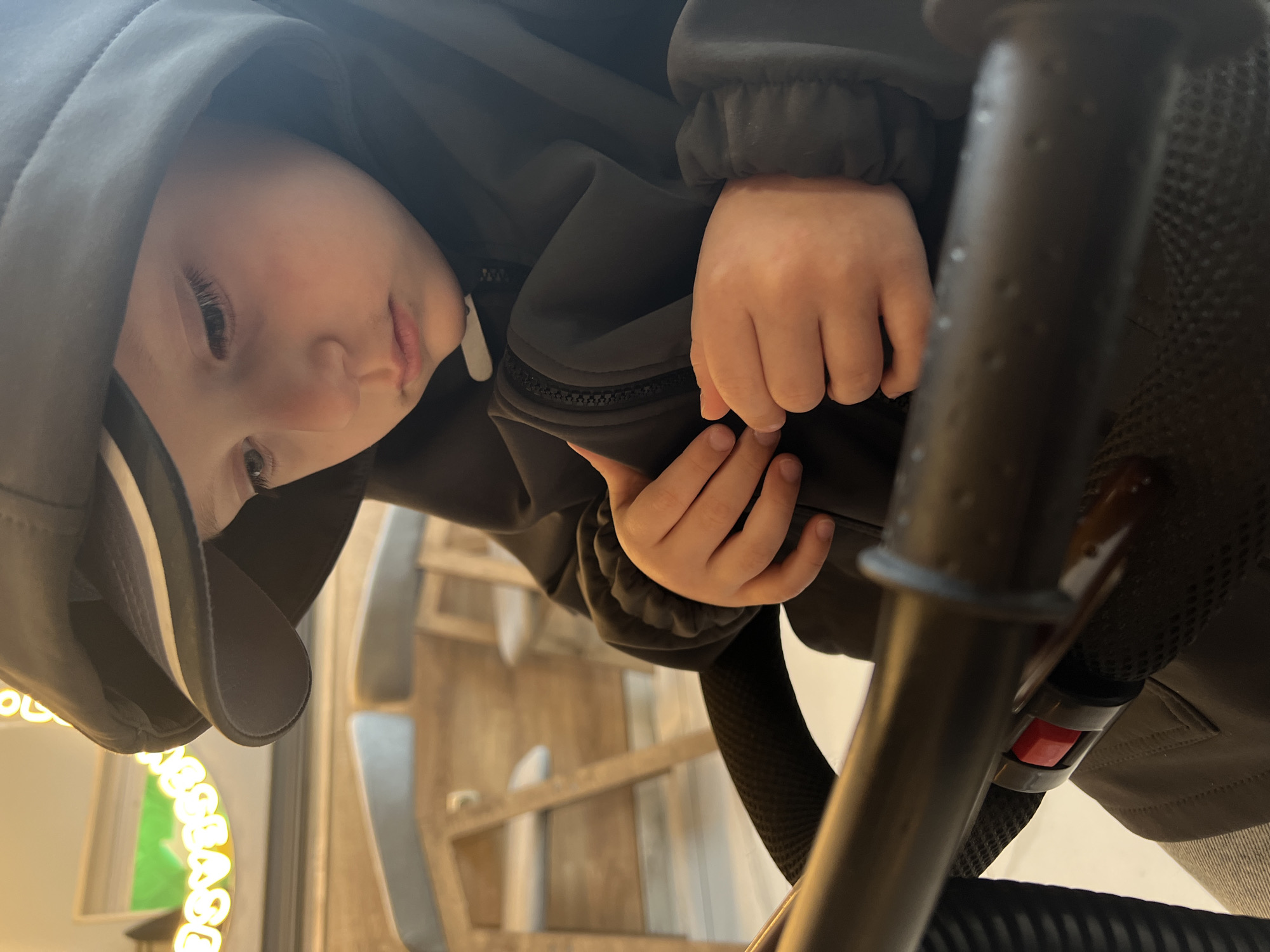 A child in a dark-colored hooded jacket is in a stroller. The child is looking towards the viewer. The stroller has a black frame and mesh material. The image appears to be taken indoors, with wooden furniture and a lit circular decoration visible in the background. There is no indication of location in Mytishchi, Russia.