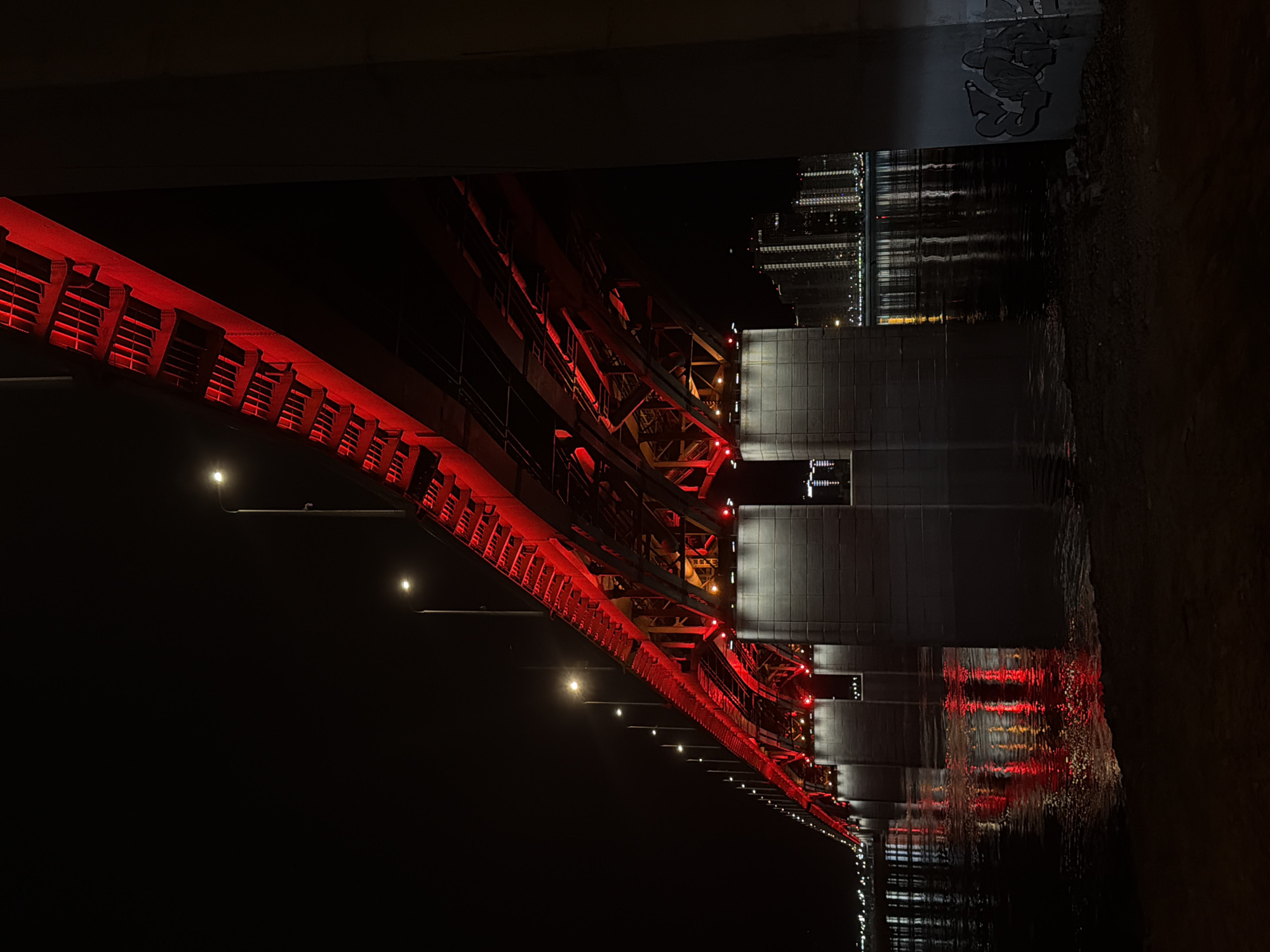 The image captures a night view of the Vinogradovsky Bridge in Krasnoyarsk, Russia. The bridge's red-lit arches stretch diagonally across the frame, reflecting in the dark water below. Bridge supports appear as gray, vertical segments. Building lights are visible in the background. Graffiti is present on a portion of the bridge structure in the foreground.