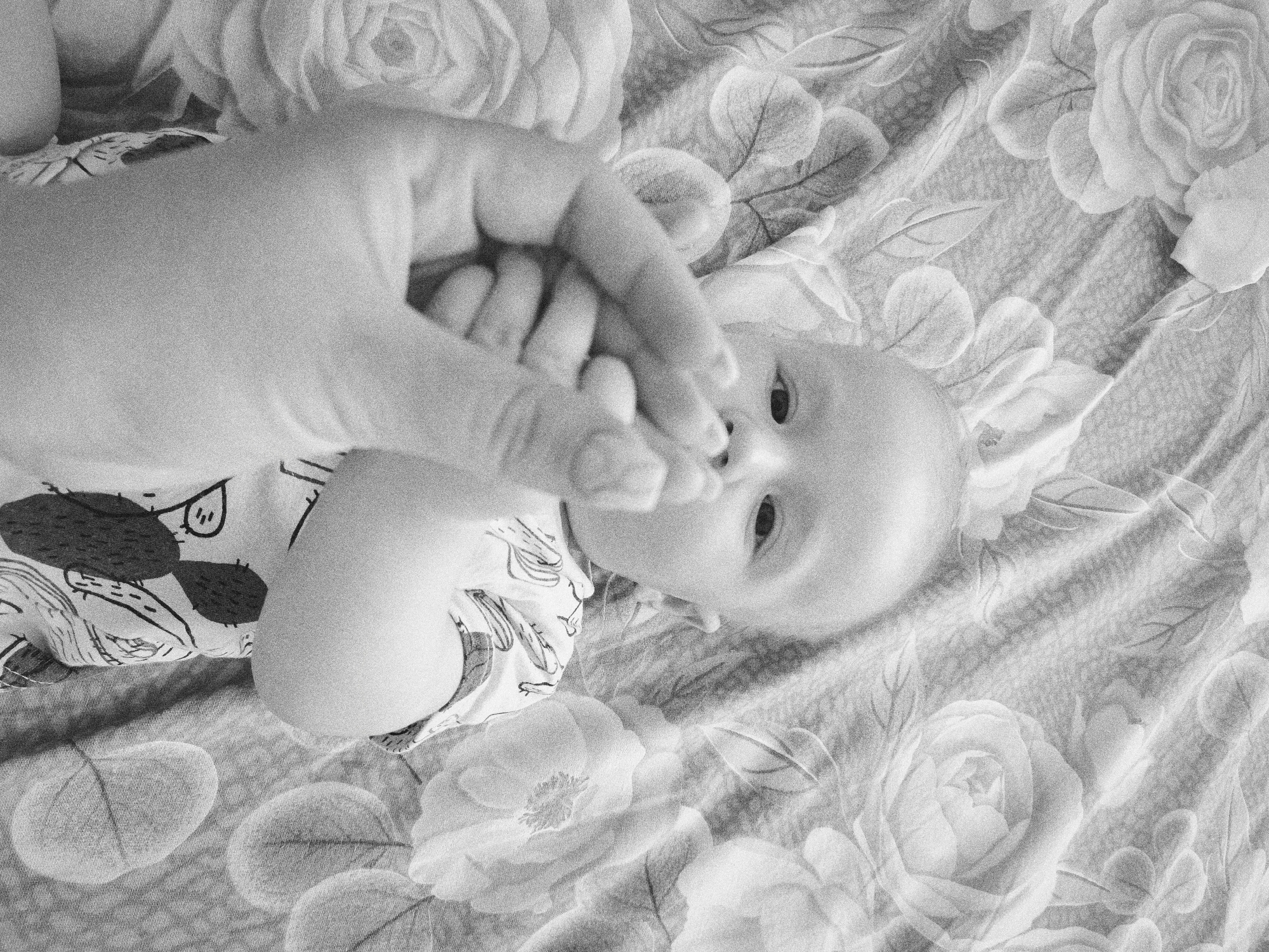 A black and white, high-angle shot depicts a baby lying on a floral-patterned fabric. An adult's hand is holding the baby's hand. The baby is wearing a patterned shirt. The location is not discernible.