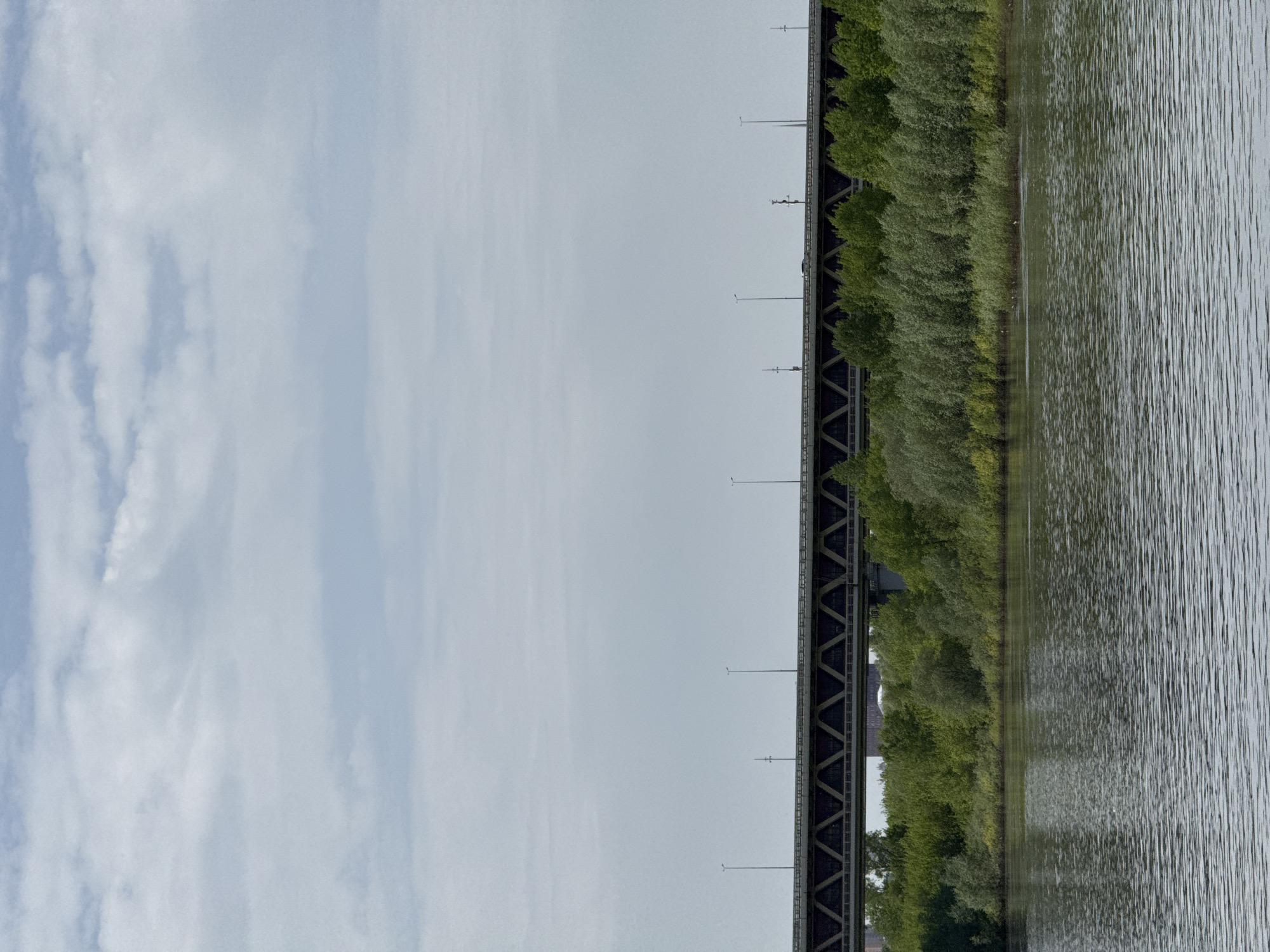 The image shows a view of the Volga River in Nizhny Novgorod, Russia. A bridge spans the river, and on the near bank, a line of green trees runs along the shore. The sky is overcast with thin, wispy clouds. The river surface shows light ripples. The bridge appears to be a metal truss structure with supports for lighting.