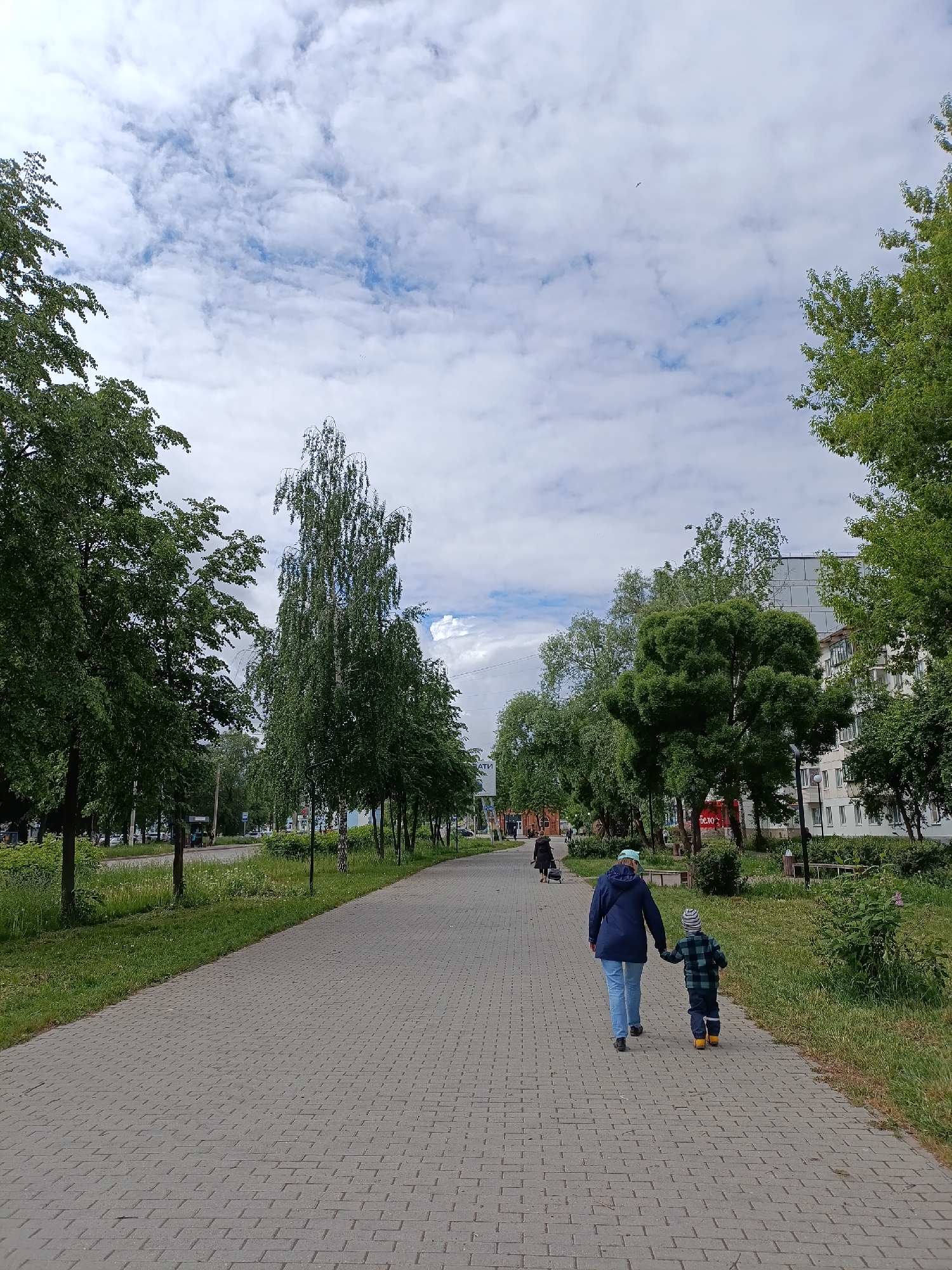 A mother and child walk hand-in-hand on a brick-paved path in Chaikovsky, Russia. The path is lined with trees on either side and lush green grass. In the background, residential buildings are visible. The sky is overcast with numerous white clouds. The woman is wearing a blue jacket and jeans. The child is wearing a plaid shirt, blue pants, and yellow boots. They are walking away from the viewer. Further down the path, there are other people walking.