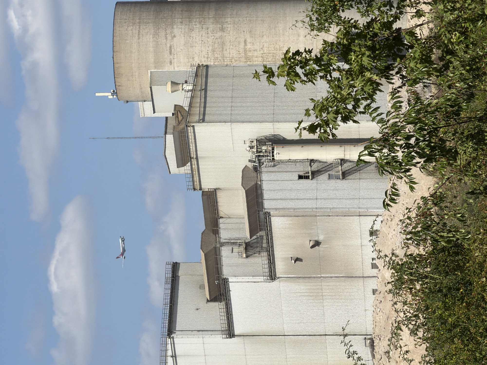 The image depicts a large industrial complex in Esch-sur-Alzette, Luxembourg, under a clear blue sky with scattered white clouds. An airplane is visible in the distance, flying across the sky. The complex features several tall, metallic structures with corrugated siding, resembling silos and storage buildings. A large, cylindrical concrete silo stands prominently to the right of the metallic structures. Several smaller, pipe-like structures and vents are attached to the buildings. In the foreground, lush green foliage, including trees and bushes, partially obscures the lower portion of the industrial site. The ground in front of the buildings is covered with a light-colored, rocky material. The overall scene suggests a working industrial area, possibly a cement plant or similar facility, given the presence of large silos and the textured material on the ground.