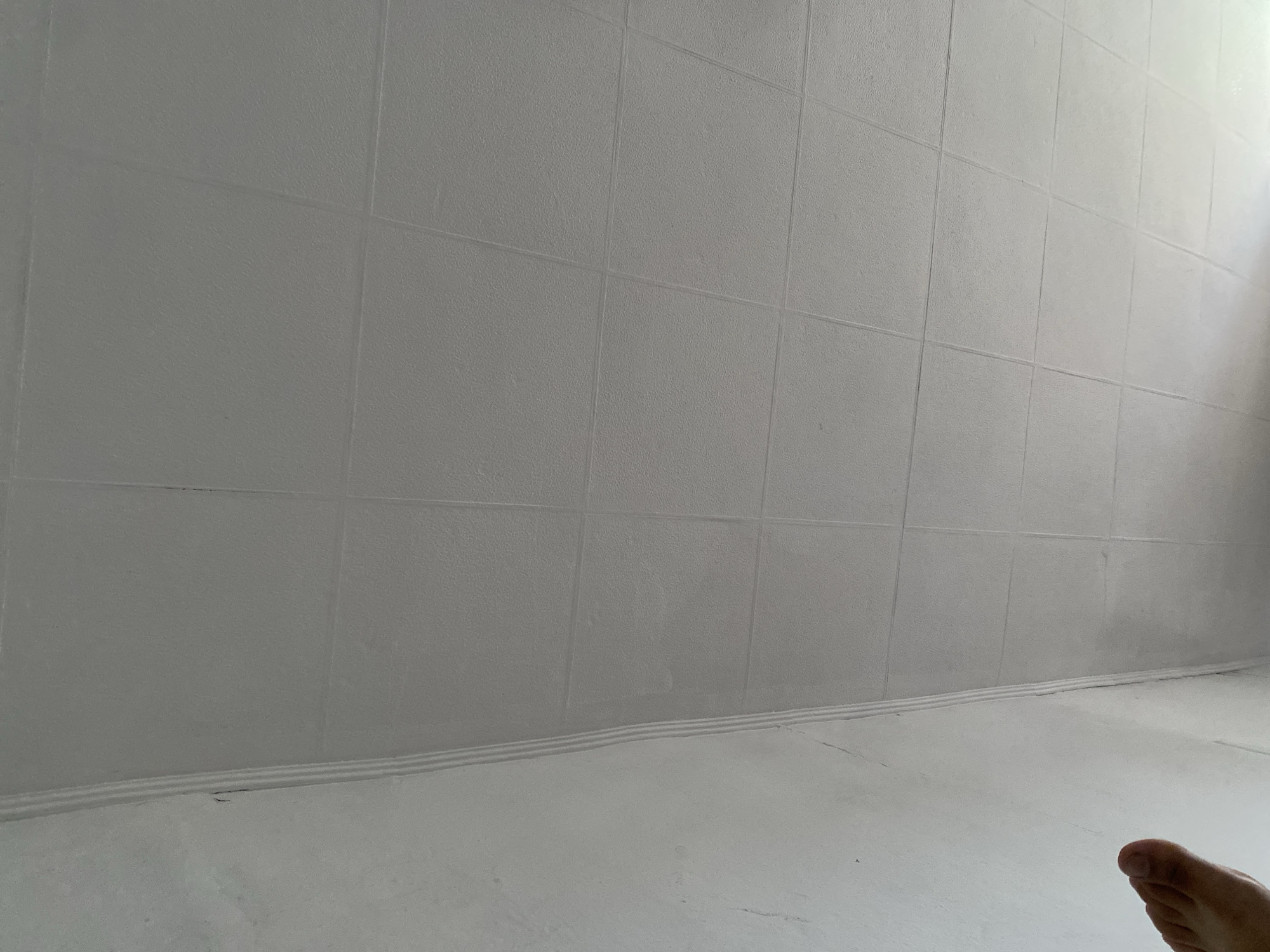 The image shows a white tiled ceiling with visible seams creating a grid pattern. A wall, also white and textured, is visible on the left side of the image, with a decorative molding along the corner where it meets the ceiling. A human foot, belonging to an individual standing or lying down, is partially visible in the lower left corner. The lighting suggests an indoor environment. The city of Qaraoy, Kazakhstan is not depicted or implied in this image.