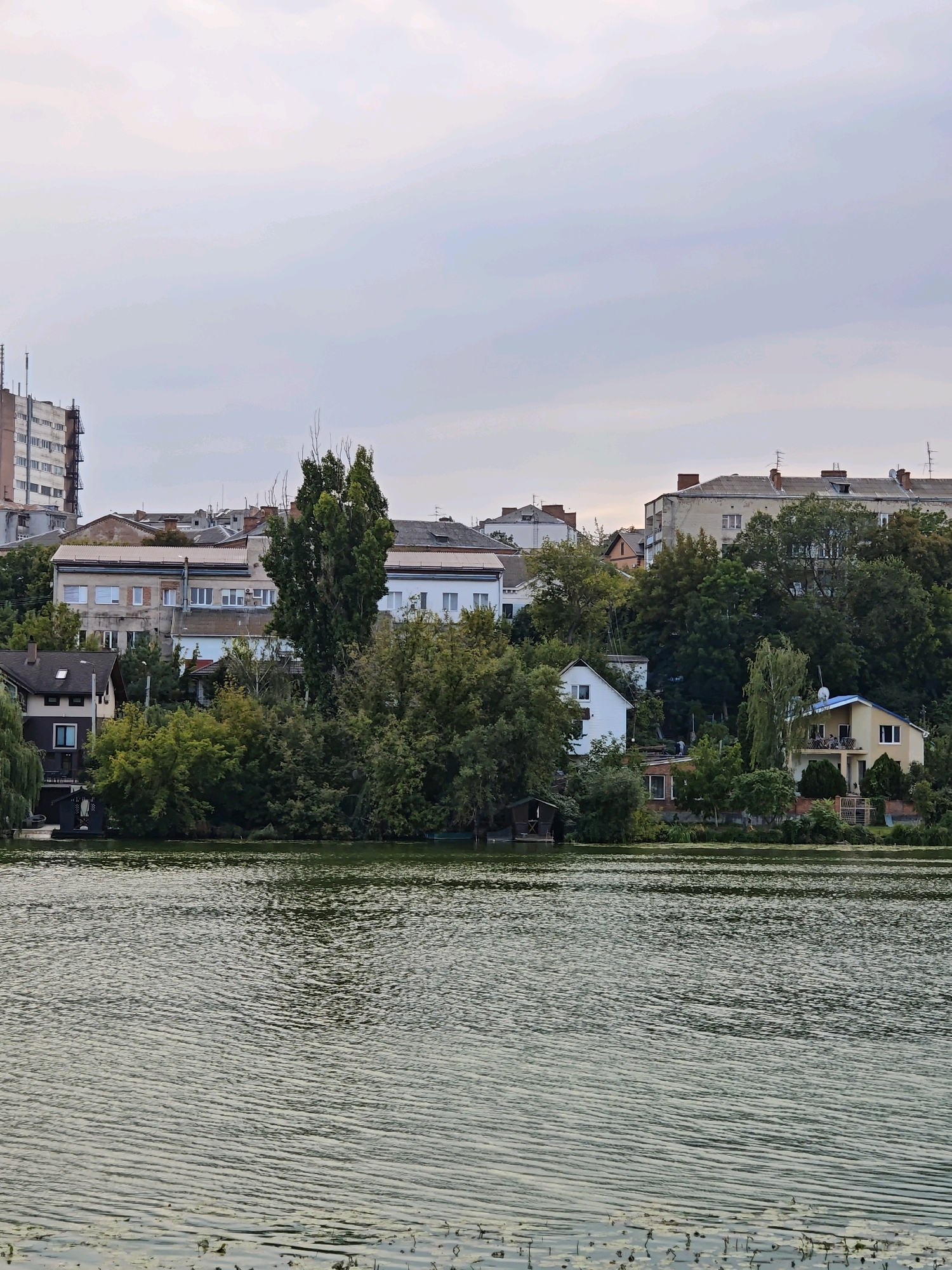 The image shows a waterfront view of a residential area on a hill overlooking a body of water. The buildings on the hill range from multi-story apartment buildings to smaller houses, interspersed with numerous trees. The water in the foreground has a rippled surface, with some aquatic plants visible near the shore. The sky is overcast, suggesting a cloudy day. The scene depicts a typical urban environment where residential structures are built along a natural water feature. The location is the embankment of the Roshen River in Vinnytsia, Ukraine, specifically the area near the Central City Park, known for its residential buildings and greenery overlooking the water.