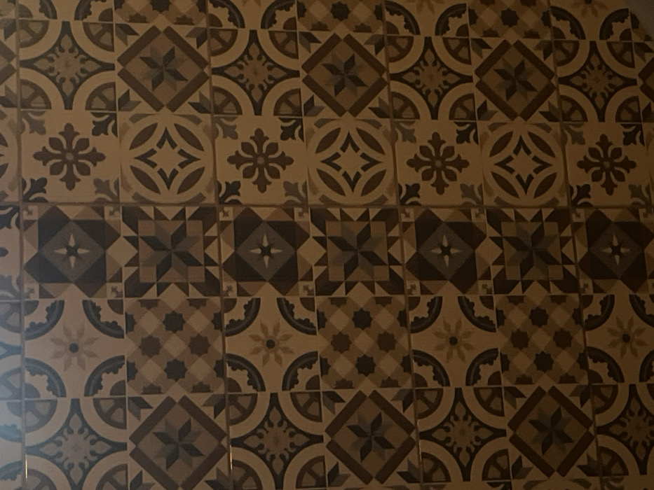 The image showcases a patterned tile floor with an array of geometric and floral designs. The tiles alternate between light and dark shades of brown, creating a visually engaging mosaic. The patterns include star motifs, stylized floral elements, and intricate geometric arrangements. The tiles are arranged in a grid-like fashion, filling the frame with a harmonious and decorative surface.
