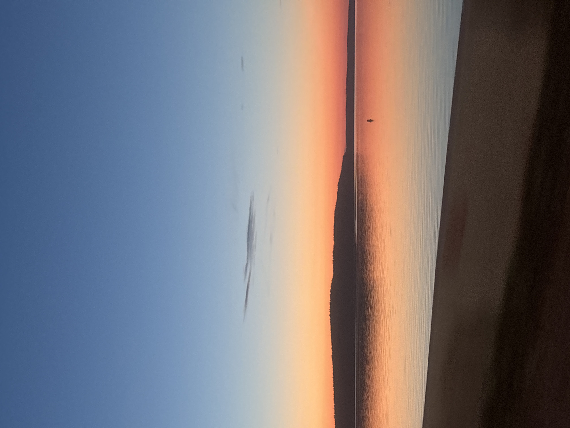 The image displays a serene landscape scene at either sunrise or sunset, centered on a large body of water, purportedly located near Chaikovsky, Russia. The sky occupies the upper two-thirds of the frame, exhibiting a clear gradient from a deep blue at the zenith, transitioning through lighter blue, to a warm orange, and finally to a soft pinkish-red hue at the horizon. A single, elongated, faint cloud is visible in the upper-left sky, with a subtle, wispy cloud appearing closer to the right horizon.
A distinct, dark, undulating silhouette of a forested landmass forms the distant horizon line, separating the sky from the water across the entire width of the image. The trees appear dense and uniform.
The calm water surface in the middle ground precisely reflects the orange and pink tones of the lower sky, creating a vibrant mirroring effect. Subtle ripples are discernible across the water. A small, dark, vertically oriented object, indeterminate in its exact nature (e.g., a buoy, a distant marker, or a very distant solitary figure), is situated on the water surface in the middle-right portion of the image, appearing as a silhouette against the reflected sky.
The immediate foreground consists of a dark, unlit bank or beach, presumably composed of sand or earth, sloping gently down towards the water. No discernible human figures are present, and no explicit actions or interactions beyond the natural light phenomena are depicted. The environment is open-air and tranquil, suggesting a natural or semi-natural waterfront setting.