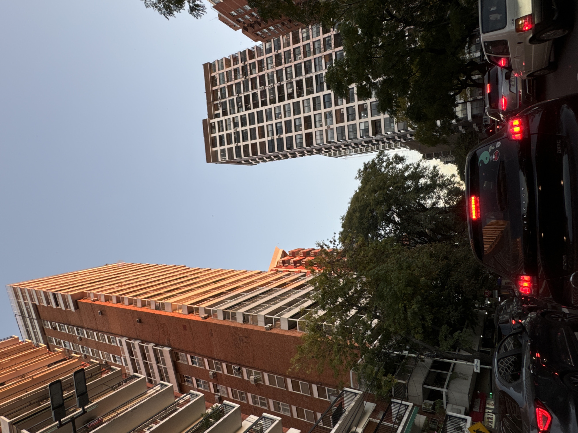 The image, taken from a low angle, shows a street in Buenos Aires, Argentina, flanked by tall buildings and dense trees. The sky is clear and light blue.
On the left side of the frame, a tall, reddish-brown brick building dominates the view. It has numerous white balconies and windows. Parallel to it, another multi-story building with a grid-like facade of windows extends upwards.
To the right, a line of cars is visible in the foreground. The brake lights of a dark-colored car are illuminated. Trees fill the spaces between the buildings, with their branches reaching across the frame. The image focuses on urban architecture and street-level activity in a busy, densely populated area.