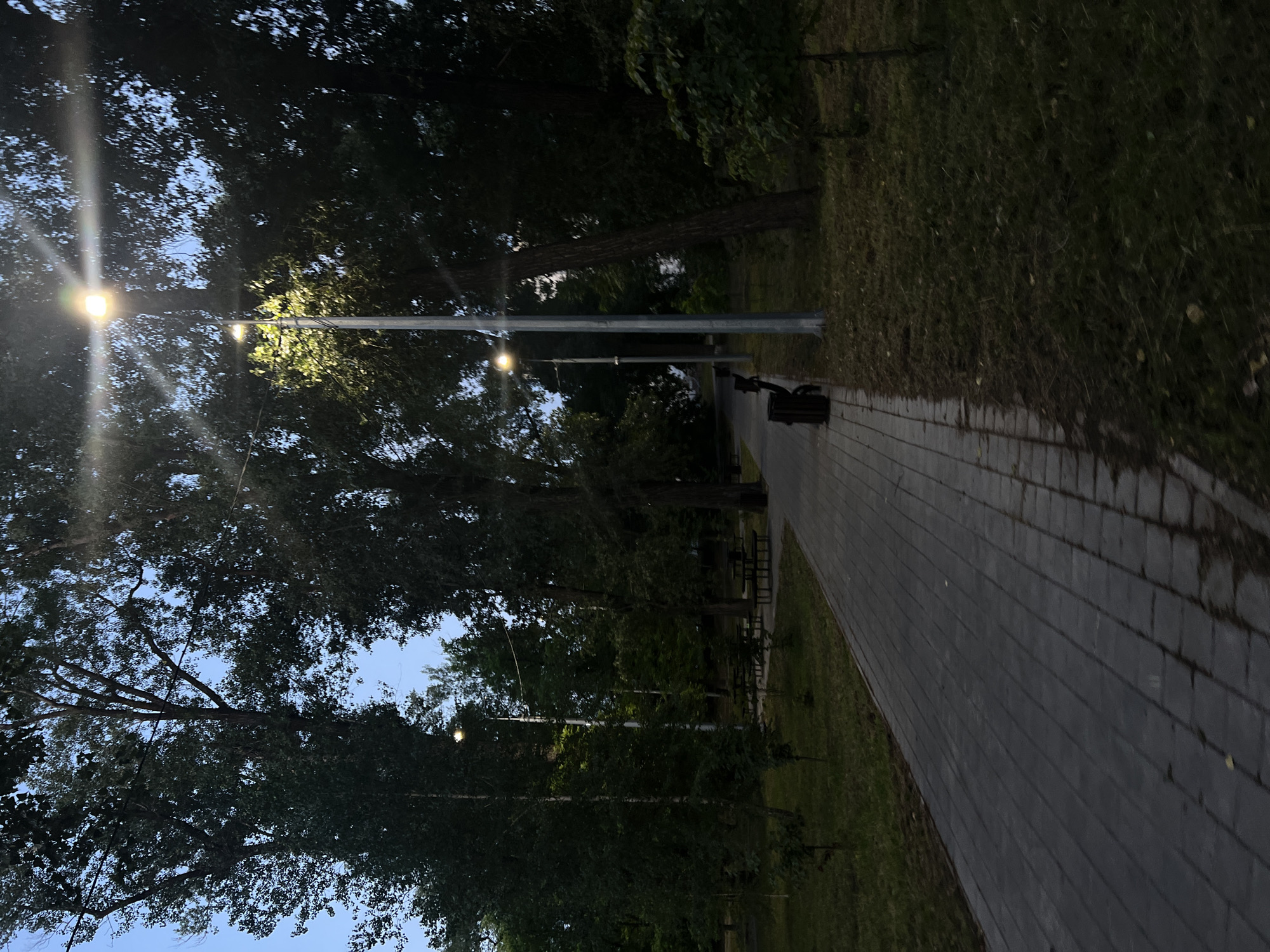 The image depicts a paved pathway in a park, illuminated by streetlights. The pathway is made of rectangular gray stones and is bordered by a grassy area with trees on either side. In the background, there are picnic tables and benches. The scene appears to be at dusk or early evening, as the sky is a pale blue and the streetlights are on. The location is the Park Pobedy (Victory Park) in Ulyanovsk, Russia.