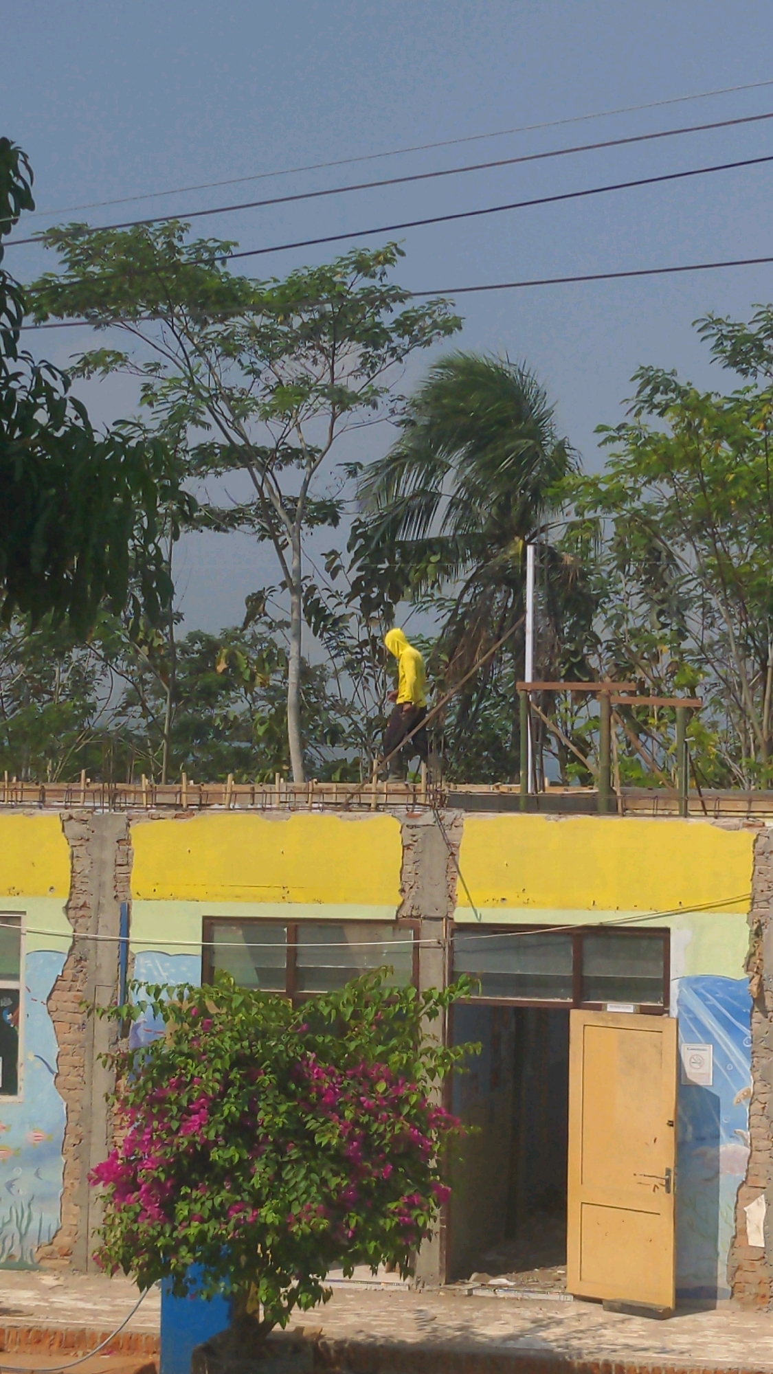 A person wearing a yellow hooded jacket walks on a construction site in Tembarak, Indonesia. The site appears to be a building with exposed brick and bright yellow paint. Overhead, power lines crisscross the sky, and various trees, including palm trees, are visible. A bush with vibrant pink flowers is in the foreground, partially obscuring a blue planter. One of the building's doors is ajar, revealing a dark interior. The overall scene suggests ongoing construction or renovation work.