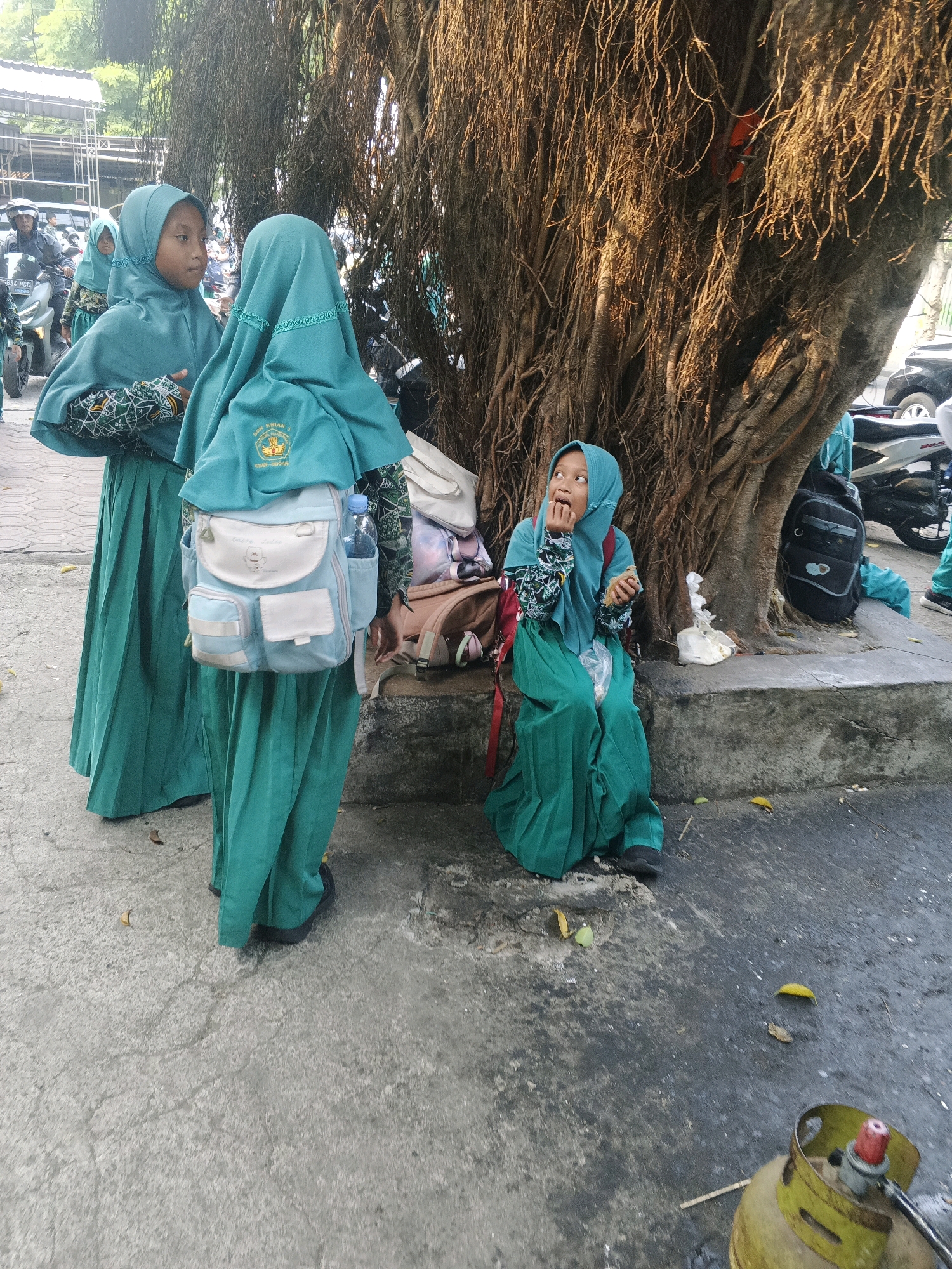The image shows three young females wearing green hijabs and matching long green skirts, appearing to be students, in an outdoor urban setting in Krian, Indonesia. Two of the girls are standing and looking towards each other, while the third girl is sitting on a concrete ledge under the roots of a large tree. She is holding food to her mouth and looking upwards, appearing to be eating. One of the standing girls has a light blue backpack with multiple pockets and a water bottle. The other standing girl has a backpack that is mostly obscured but appears to be light-colored. Behind the seated girl, a black backpack is visible. A yellow LPG gas cylinder with a red regulator is in the foreground on the right side of the image. The ground is paved with concrete. In the background, motorcycles and parked vehicles can be seen, suggesting a street or public area. The lighting suggests it is daytime, with sunlight casting shadows. The overall scene depicts a moment of respite or waiting for the students.