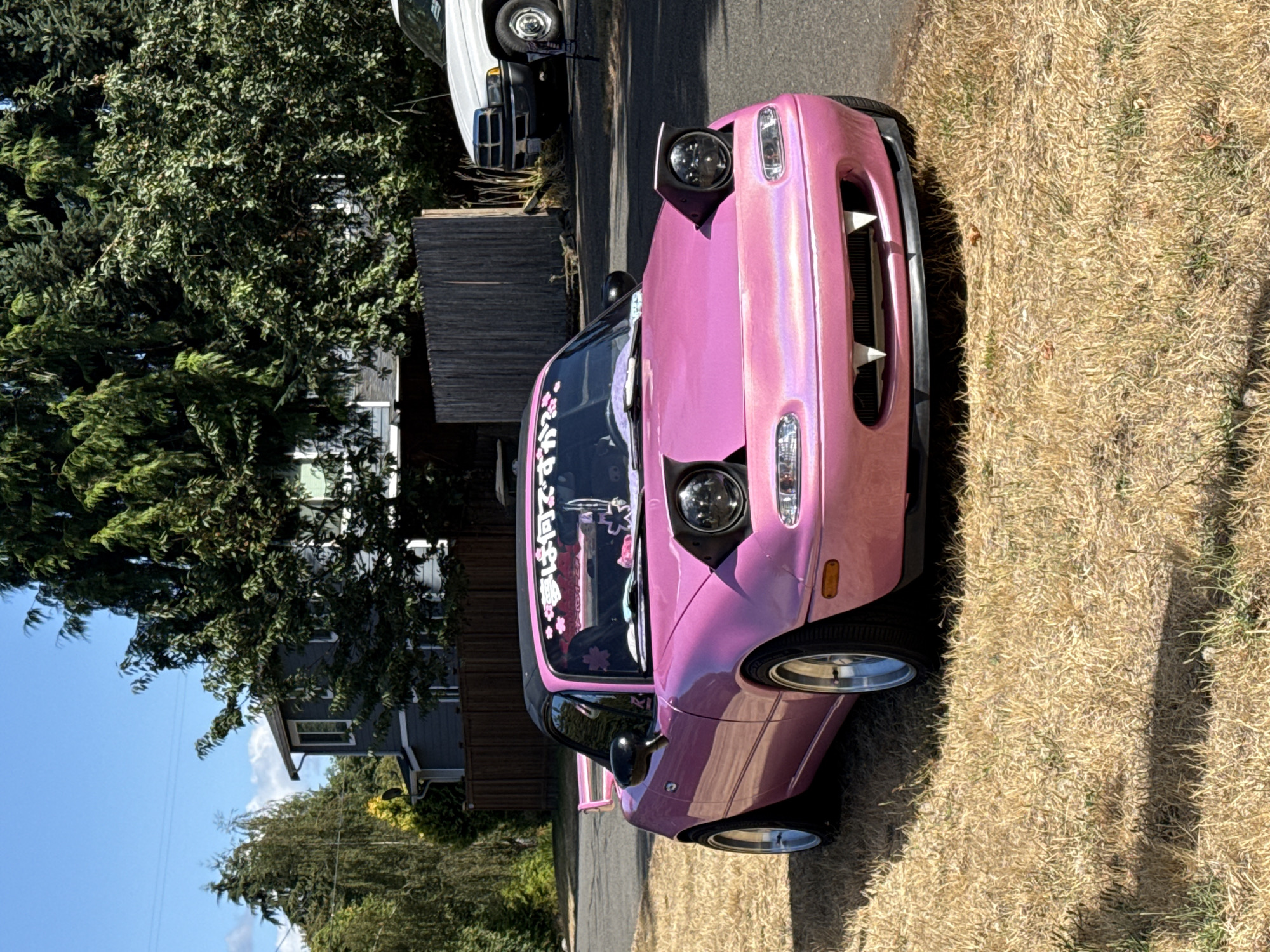 A pink Mazda Miata with vampire teeth on its front bumper is parked on a dry, grassy area next to a paved street in Olympia, Washington. The car has a black soft top and a large black rear spoiler. A white truck is parked behind the Miata on the street. In the background, a residential house with a wooden fence and trees are visible. The sky is clear and blue with some scattered clouds.