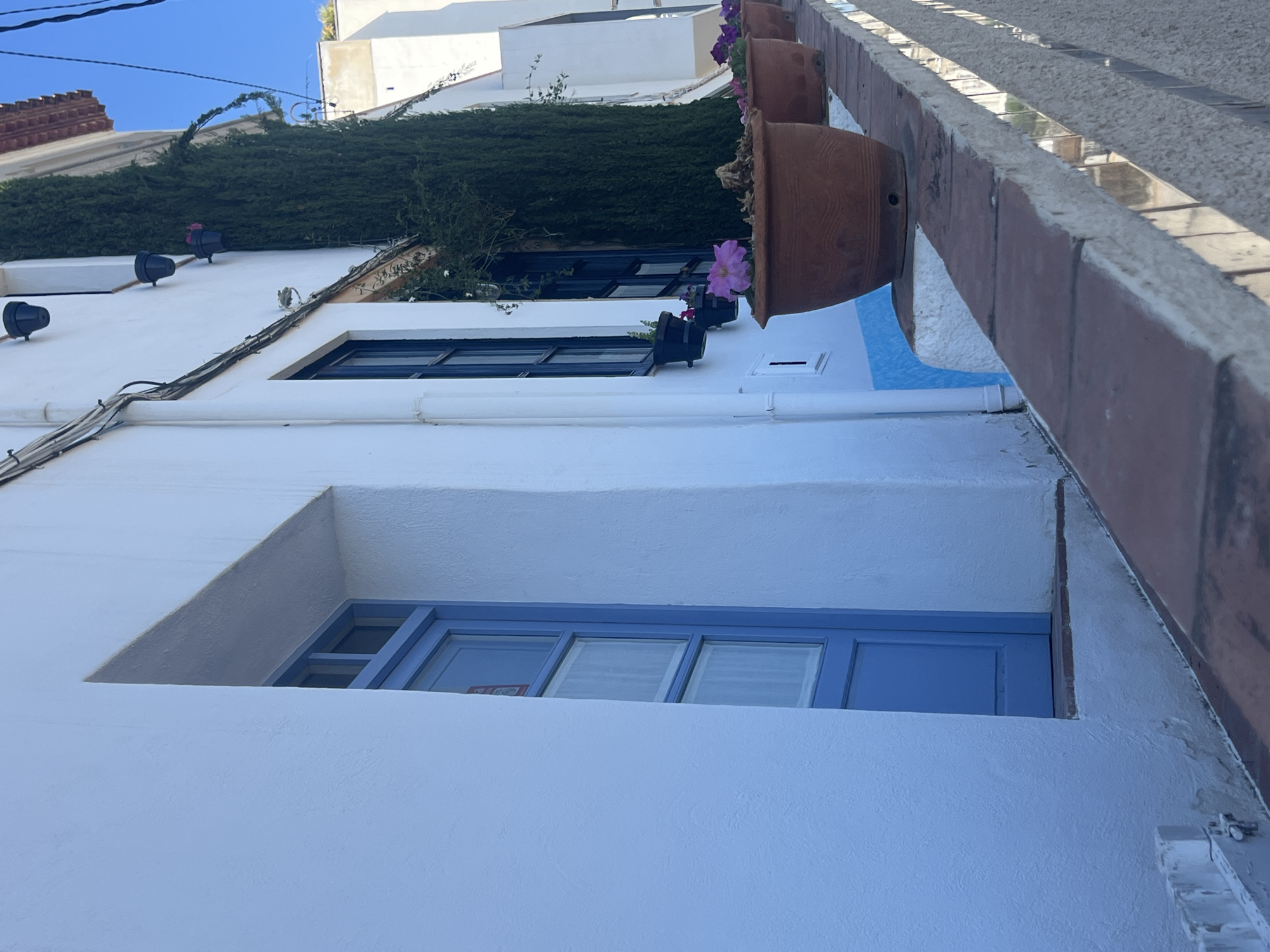 This is an upward-angled, outdoor shot of a white building in Sant Pol De Mar, Spain, on a sunny day. The building has a blue-framed window with panes that appear to have blinds or curtains behind them. Above the window, the building's facade is white. Further up, there are two black-framed windows. A thick green vine covers a section of the building above these windows. Flower pots, containing purple flowers, are attached to the building's exterior. The sidewalk, with a brick-like edge, is seen at the top of the image. The sky is visible in the upper left corner, indicating clear weather. Electrical cables run along the building's exterior. The overall impression is of a typical residential building with traditional Spanish architectural elements.