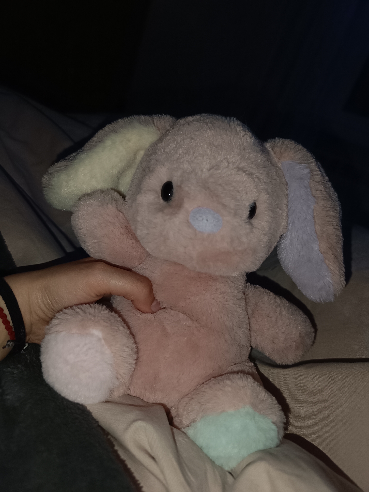 A close-up, slightly dim photograph shows a pink, plush toy rabbit sitting on a bed. The rabbit has a light blue nose, black eyes, and different colored insides of its ears, one being pale yellow and the other pale purple. One of its paws has a light green patch. A hand is partially visible, holding the rabbit near its chest. A wrist is also visible, with a black cord and a red beaded bracelet. The background is a bed covered with bedding, which appears to be striped and a solid color. The location is unknown and cannot be determined from the image.