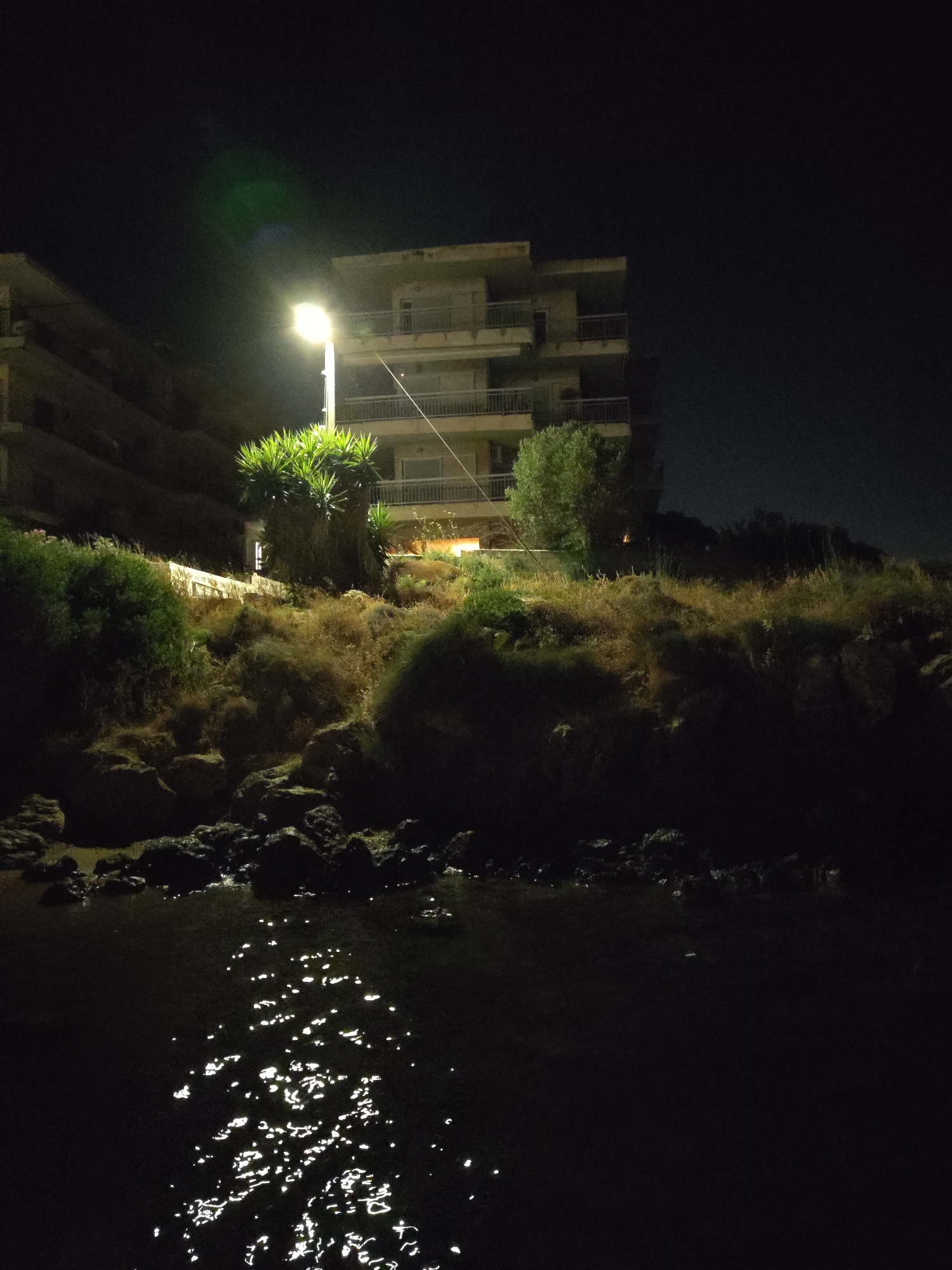 The image depicts a nighttime scene in Limenas Markopoulou, Greece. A multi-story building, appearing to be an apartment complex, is illuminated by a street lamp. The building has balconies and windows visible. In front of the building, there is a section of overgrown vegetation, including a large, spiky plant. Rocky terrain is visible in the foreground, leading down to dark water where reflections of the street lamp create bright, shimmering patterns on the surface. The sky is dark and clear, typical of a night scene. There are no people or animals visible in the image, and no specific actions or interactions are occurring.