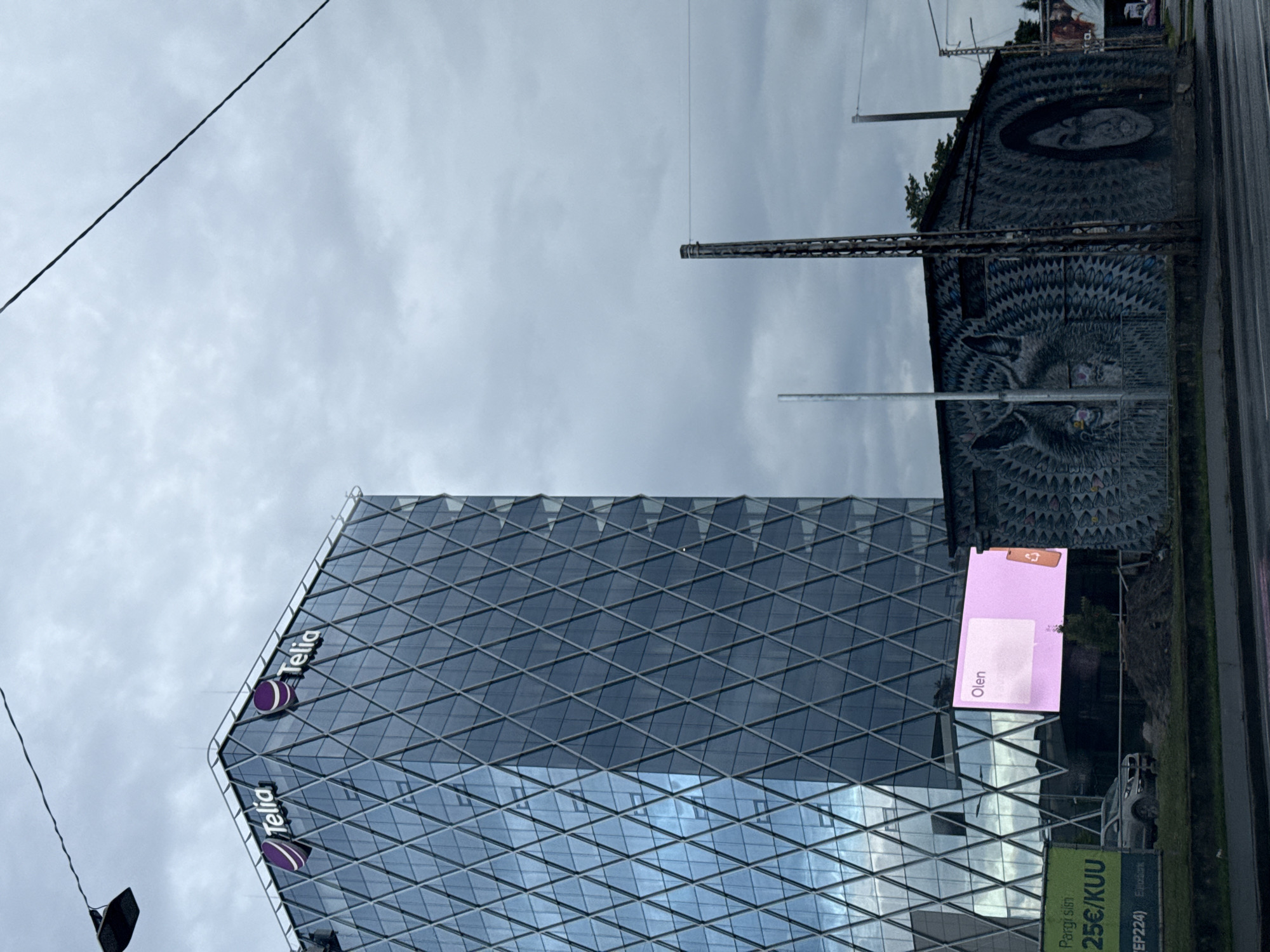 This is a full-frame, eye-level, outdoor, slightly overcast shot of a modern glass-faceted skyscraper in Tallinn, Estonia, identified by "Telia" branding on its upper facade. The building features a diamond-shaped geometric pattern created by its glass panels and silver framing. To the right of the skyscraper, a smaller, older, industrial-style building is covered in intricate graffiti art. The graffiti on this building depicts a stylized wolf's face on the left side and a portrait of a woman's face on the right. A pink digital billboard is mounted on the side of the skyscraper, displaying a chat interface with the word "Olen" (meaning "I am" in Estonian) and a blank text bubble, alongside a smartphone icon. In front of the buildings, a street is visible with a car parked on the side and piles of dirt. Utility poles and wires are present in the background, against a cloudy sky.