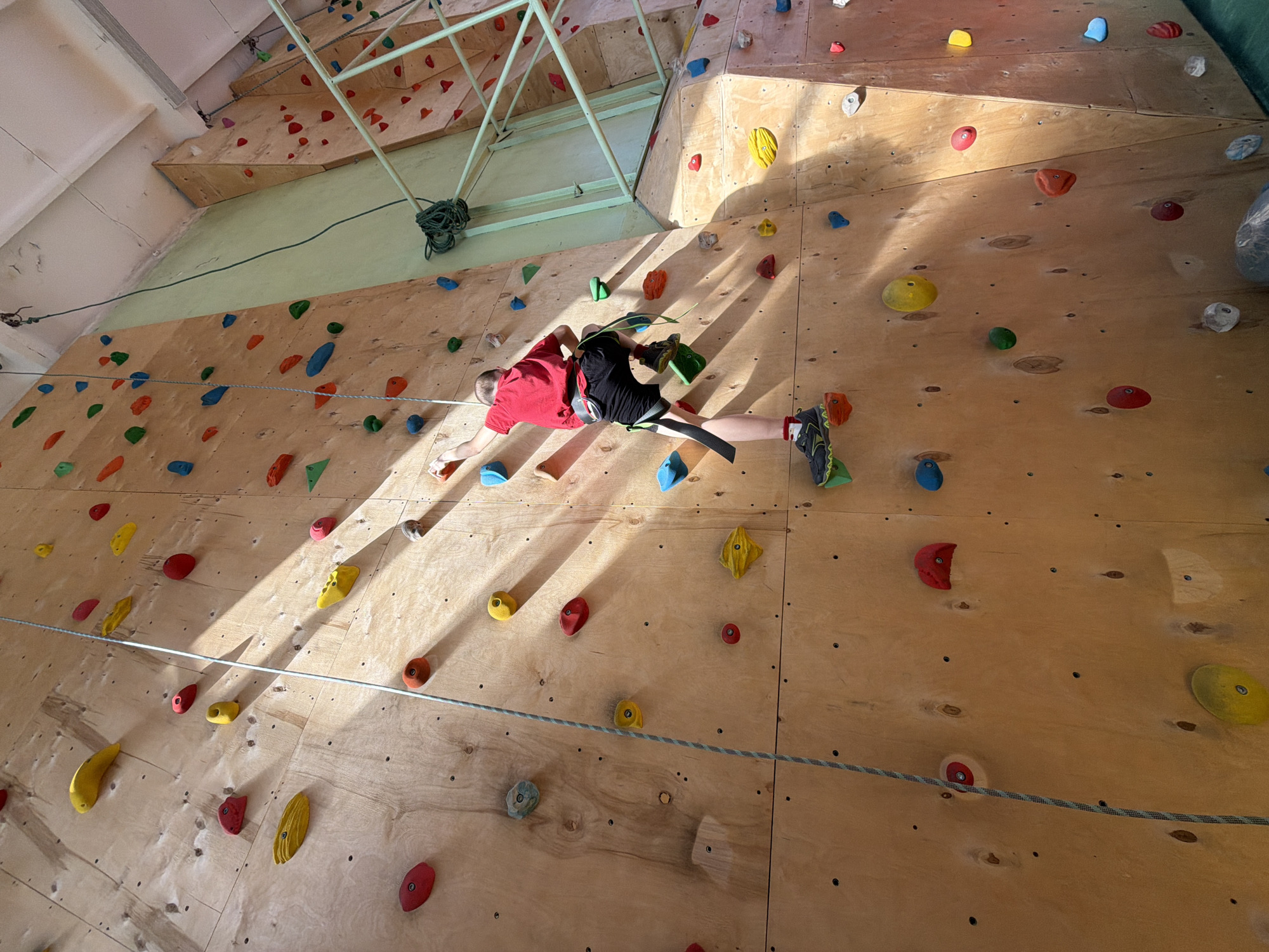 A person is rock climbing indoors on a wooden wall with various colored handholds in Izhevsk, Russia. The person is wearing a red shirt, black shorts, and climbing shoes, and is secured with a harness and rope. The climbing wall is located in what appears to be a gymnasium. There is a metal structure near the ceiling and various holds attached to the wooden wall, positioned to create different climbing routes. Sunlight streams through windows casting shadows on the wall.