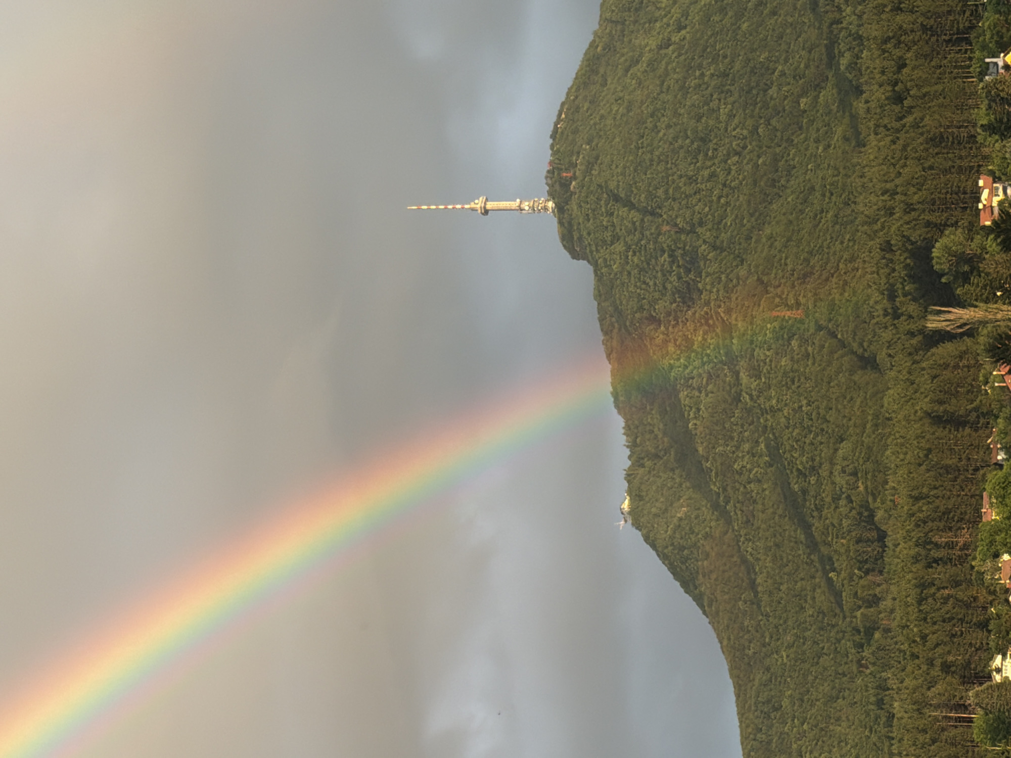 The image shows a lush green mountain with a telecommunications tower on its summit. A vibrant rainbow arches across the overcast sky, its colors beginning on the left side of the frame and fading towards the right. The mountain's slopes are densely covered with trees, and a small cluster of buildings is visible on the far left of the summit. In the foreground, a line of trees marks the base of the mountain, with more buildings and trees suggesting a settlement below. The scene appears to be Vitosha Mountain, overlooking Sofia, Bulgaria, with the Kopitoto tower clearly visible on the peak. The sky is a mix of grey clouds and brighter areas, with the rainbow indicating recent or ongoing precipitation. No people or animals are discernible in the image.