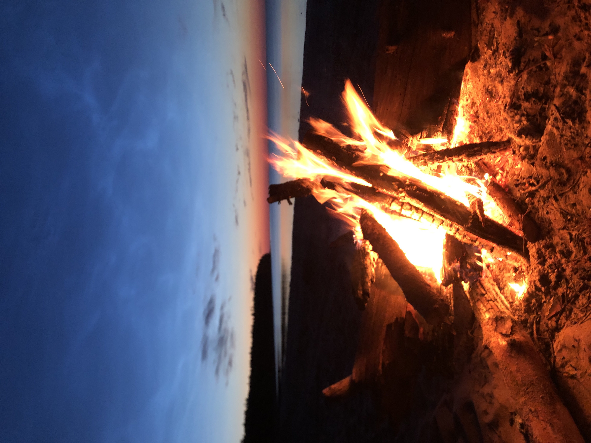 This is a photograph of a bonfire on a beach at dusk. The fire is in the foreground, with logs burning brightly. Behind the fire, there is a dark silhouette of a treeline and a body of water. The sky is a deep blue with hints of orange and pink from the setting sun. The scene appears to be located in Zaostrov'e, Russia, a coastal village known for its natural beauty. There are no people or animals visible in the image. The environment is natural, with sand, wood, and water.