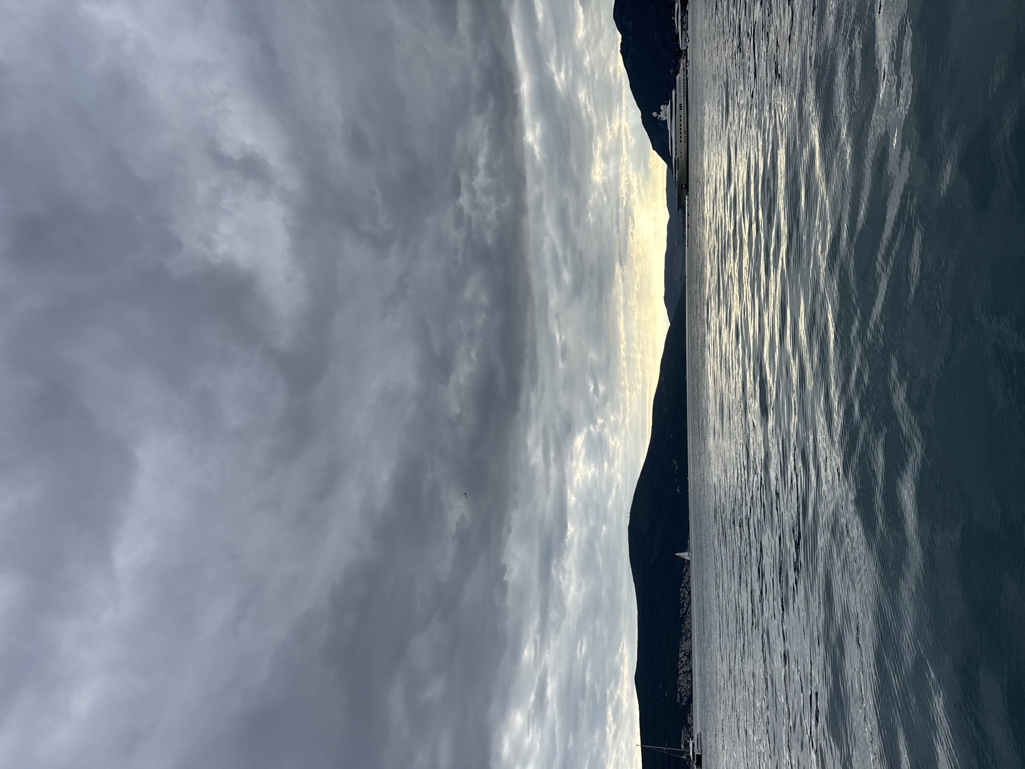 The image shows a scene in Tivat, Montenegro. A body of water, likely the Bay of Kotor, occupies the right half of the frame with visible water ripples. Mountain ranges appear along the horizon line. The sky takes up the left half of the image, filled with heavy clouds that obscure much of the sunlight, creating a muted gray tone throughout the scene. A bird can be seen soaring in the sky. Along the waterfront, it looks like there is a yacht/cruise ship and some other boats docked.