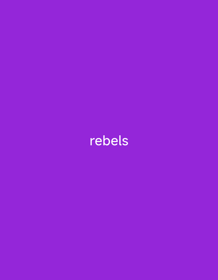 The image is a close-up, medium shot of text against a solid purple background. The text, in a white, sans-serif font, reads "rebels." The text is centered both horizontally and vertically within the frame. The purple background is uniform and appears to be a single, solid color with no discernible texture or pattern. There are no other objects, people, or environmental details visible in the image. The crops provided offer slightly different views of the same image, but all focus solely on the text and the purple background. The overall presentation is minimalist and graphic, with the word "rebels" being the sole element of interest. Given the lack of any contextual visual cues, it is impossible to determine the time of day, weather, location, or any emotions. The only discernible information is the word displayed.