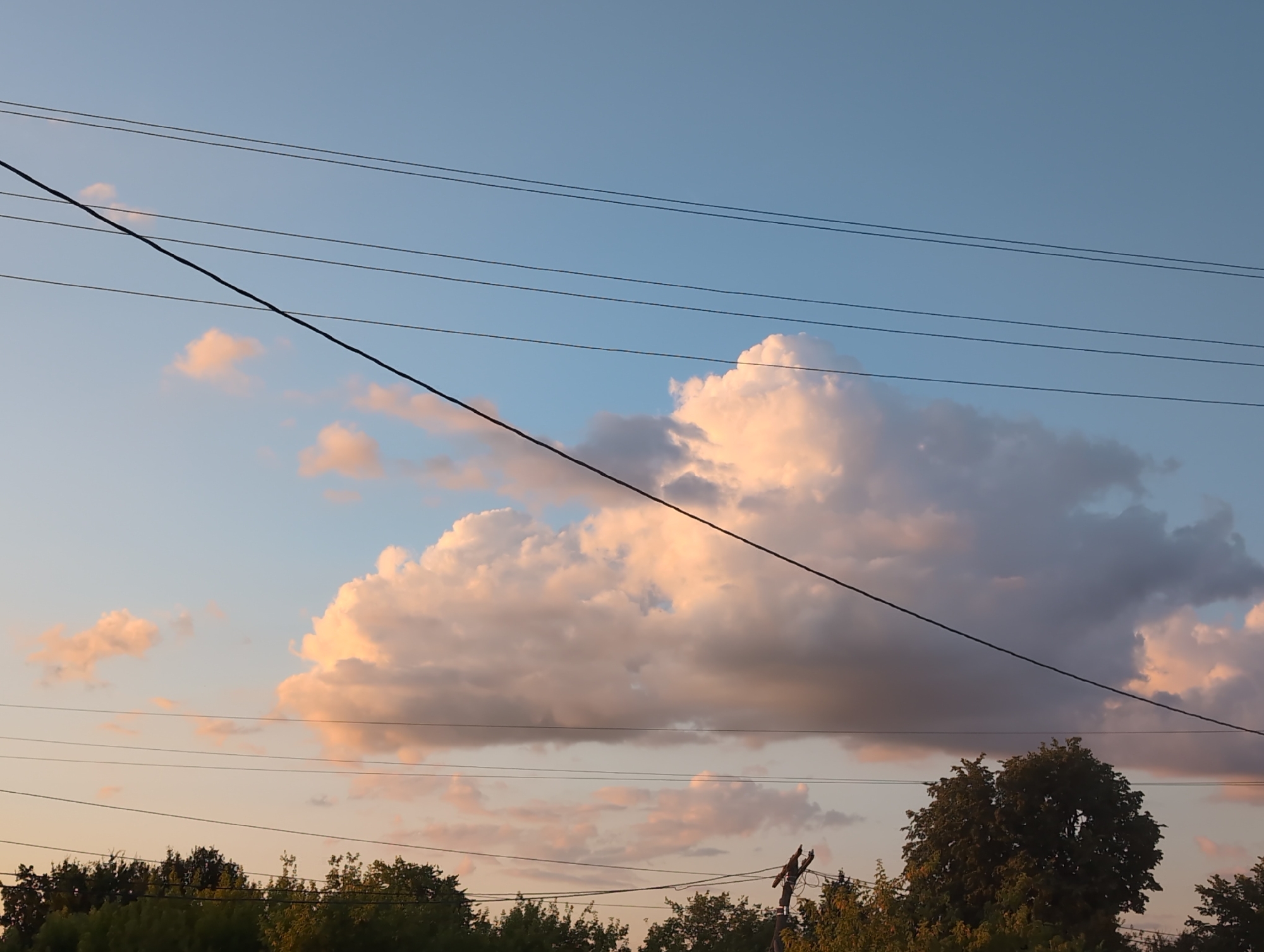 The image depicts a serene sky at sunset over Вышки, Russia. The sky transitions from a pale blue at the top to a warmer, peachy hue near the horizon. Several power lines stretch horizontally across the frame, bisected by a prominent diagonal line from a single wire. Large, fluffy clouds are scattered throughout the sky, catching the golden light of the setting sun, giving them a warm, pinkish-orange glow. Some clouds are darker and more shadowed, suggesting depth and texture.
In the lower part of the image, a line of dense green trees forms a silhouette against the colorful sky. The trees are lush and appear to be in full foliage, indicating it is likely late spring or summer. A single wooden utility pole with visible wires can be seen among the trees on the right side of the image, providing a subtle cue to the setting's rural or suburban nature. The overall mood is peaceful and tranquil, characteristic of a quiet evening. There is no visible text in the image.