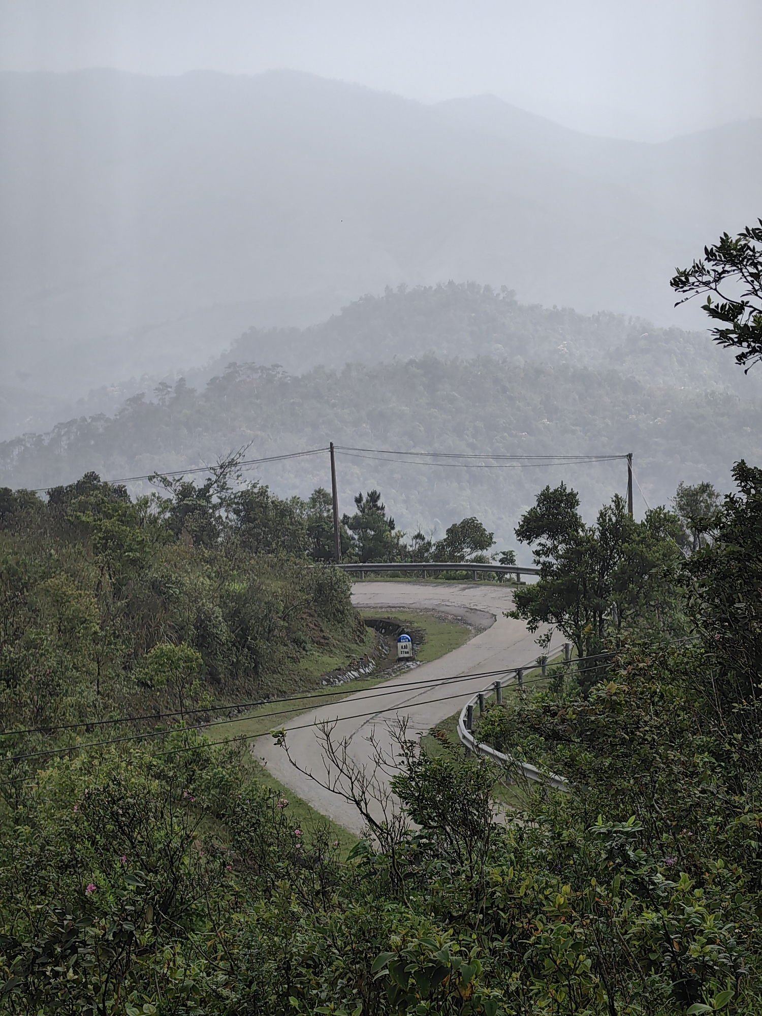 The image presents a serene, misty mountainous landscape in Thong Nhat Commune, Vietnam, dominated by a winding paved road and lush green foliage. The scene features a sharp curve in the road, bordered by reflective metal guardrails. Dense green trees and bushes densely cover the hillsides in the foreground and midground, with some featuring pink blooms. Two wooden utility poles stand tall, supporting power lines that stretch horizontally across the frame above the road.
In the midground, beside the road's curve, a small blue and white road sign is visible. The text on the sign clearly reads "R.Đ 930" and "27 km". Beyond the immediate hills, successive layers of mountains recede into a thick atmospheric haze or fog, giving them a muted, ethereal appearance.
The weather is overcast and foggy, contributing to a soft, diffused light that indicates daytime, though without direct sunlight. There are no people visible in the scene. The overall impression is one of tranquil natural beauty, enhanced by the mist, with a touch of human infrastructure in the form of the road and power lines.