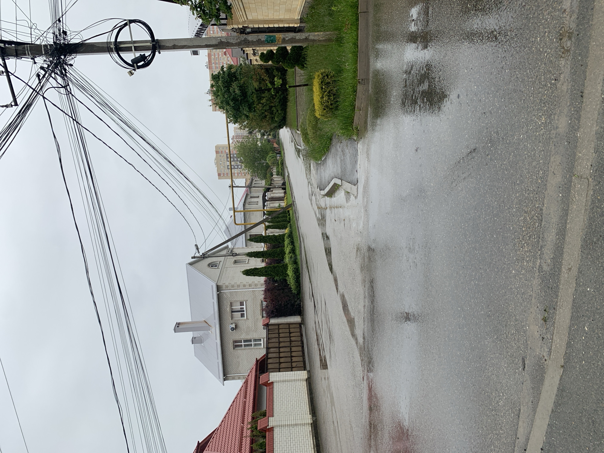 The image shows a wet street scene in a residential area, presumably in Stavropol, Russia, based on visual cues like building architecture and street infrastructure common to the region. The street is asphalt and reflects the overcast sky due to recent rain, with puddles visible. A sidewalk runs alongside the street with curb stones and patches of grass and vegetation. Houses line one side of the street, with visible brick and painted facades, fences, and pruned bushes. An overhead power line with numerous wires dominates the left side of the frame. The sky is uniformly grey and overcast. There are no people visible in the frame.