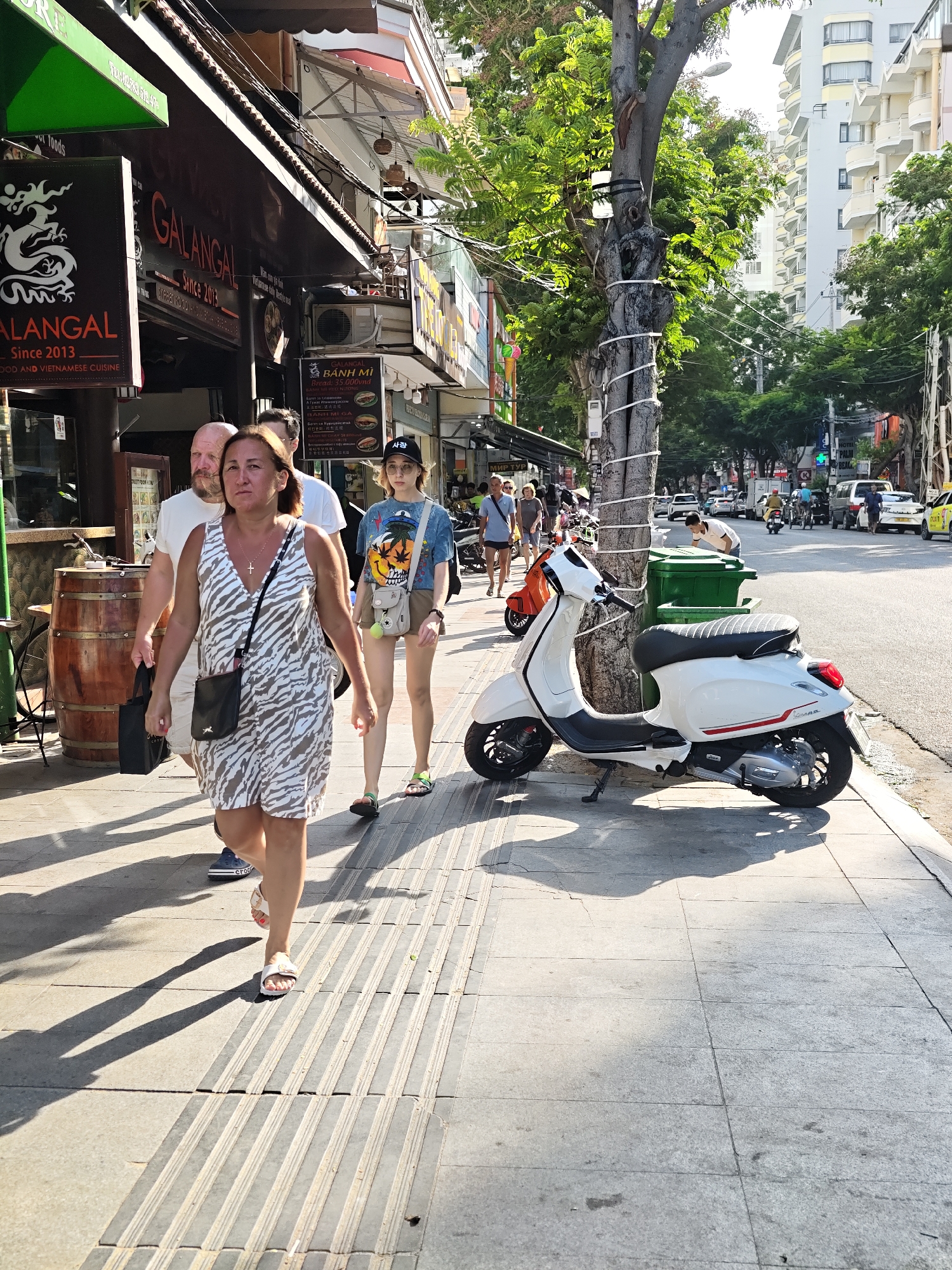 A busy street scene in Nha Trang Ward, Vietnam, captures a group of pedestrians walking along a sidewalk lined with shops. In the foreground, a woman in a zebra-print dress walks towards the camera, a black crossbody bag slung over her shoulder. To her left, a bald man with a beard in a white t-shirt walks in the same direction, carrying a black bag. Behind them, a young woman in a blue t-shirt with a graphic print and a black baseball cap walks, wearing a beige crossbody bag with a tennis ball attached. A white scooter is parked on the sidewalk to the right of the frame. The street features shops with awnings, trees, and buildings in the background. Traffic, including cars and motorbikes, is visible on the road. The lighting suggests it is daytime, with strong shadows cast on the sidewalk.
