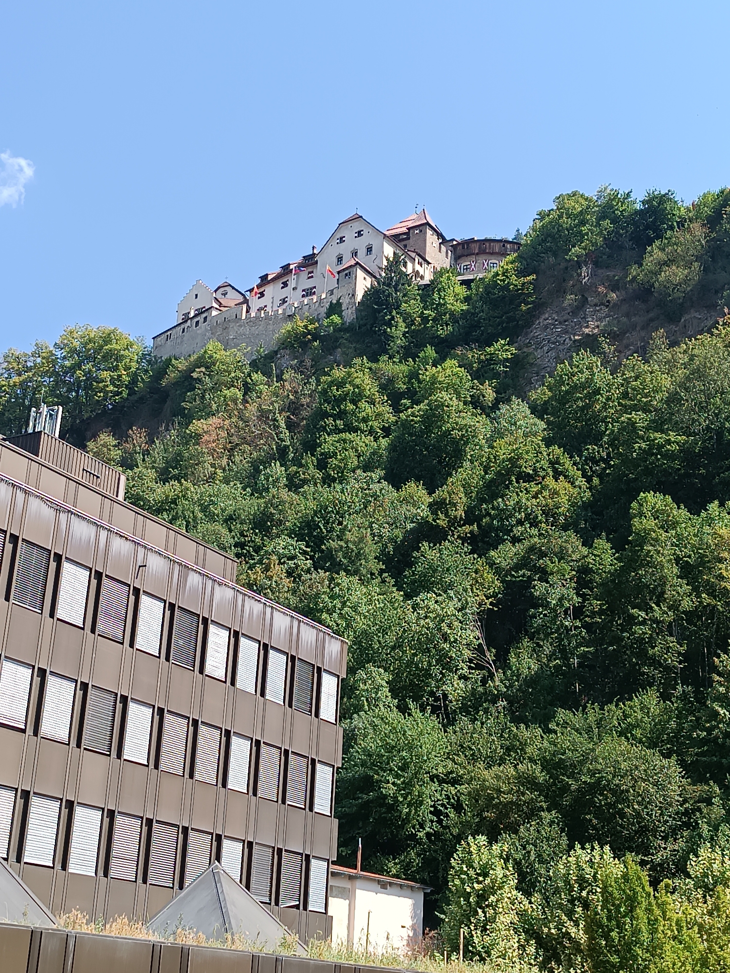 The image shows a view looking upwards towards a castle on a hilltop, with a modern building in the foreground. The castle, identified as Vaduz Castle, is situated on a prominent hill overlooking the city of Vaduz, Liechtenstein. It is a large, medieval-style structure with white walls, red-tiled roofs, and several towers. The castle is surrounded by lush green trees and vegetation. In the foreground, a large, modern building with a dark brown facade and numerous rows of windows is visible. This building appears to be an office building or a residential complex. The sky is clear and blue, indicating a sunny day. The overall scene depicts a blend of historic and modern architecture, set against a natural landscape.