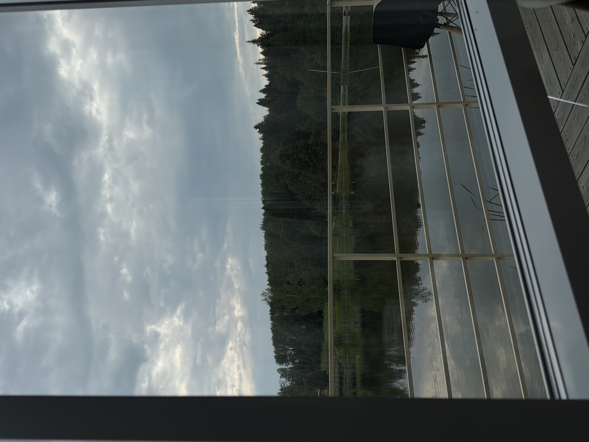The image shows a view of a body of water with a forest on the opposite bank, as seen through a window or glass barrier. The sky is overcast with a mixture of gray and lighter clouds. There is a railing in the foreground, with horizontal bars, and a dark chair is visible to the right. The water reflects the trees and the sky. The environment suggests a natural setting, likely near a lake or river, with dense trees bordering the water. The image quality is good, with no significant distortions. There are no people visible in the scene. The time of day appears to be overcast daylight. The location is Chusovoy, Russia.