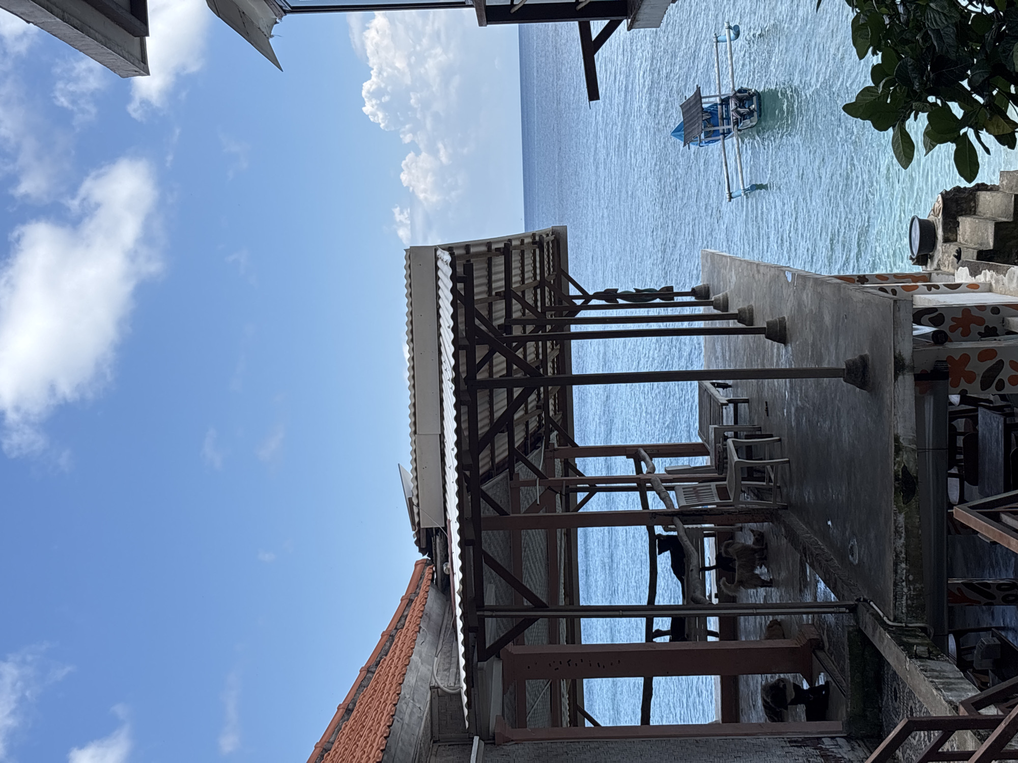 The image depicts an elevated outdoor structure overlooking the ocean in Uluwatu, Indonesia. The structure consists of a corrugated metal roof supported by wooden beams and columns. There is a concrete platform with chairs, and beneath the platform are additional wooden structures. Several goats are visible on the platform and underneath it. In the background, the ocean is visible with a small boat. The sky is blue with scattered clouds. The image also contains elements of adjacent buildings and greenery.