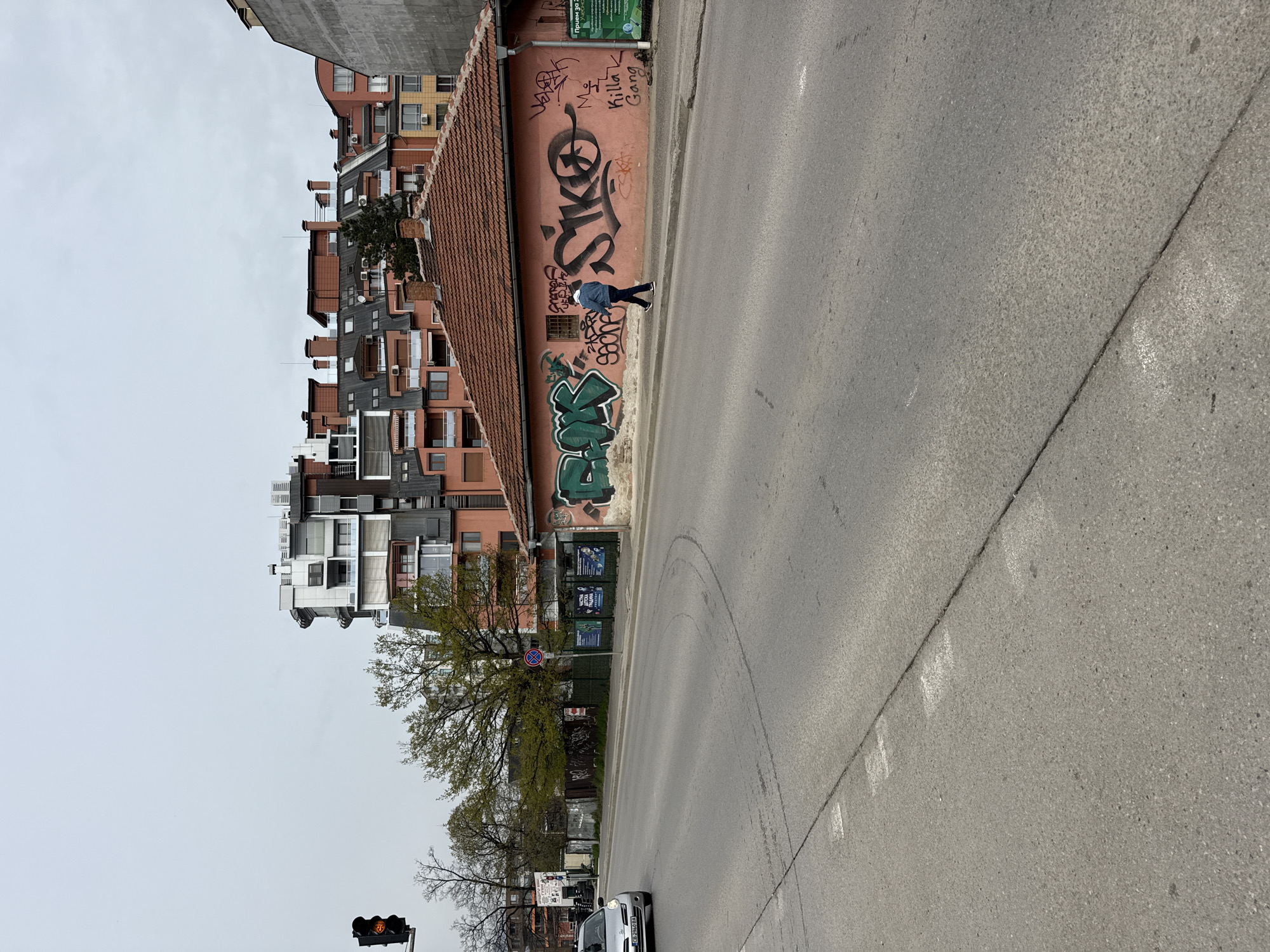 The image depicts a street scene in Sofia, Bulgaria, with buildings and a road. A person is walking along the sidewalk beside a pink building covered in graffiti. The road has tire marks, indicating vehicle activity. A traffic light and passing cars are visible further down the street.