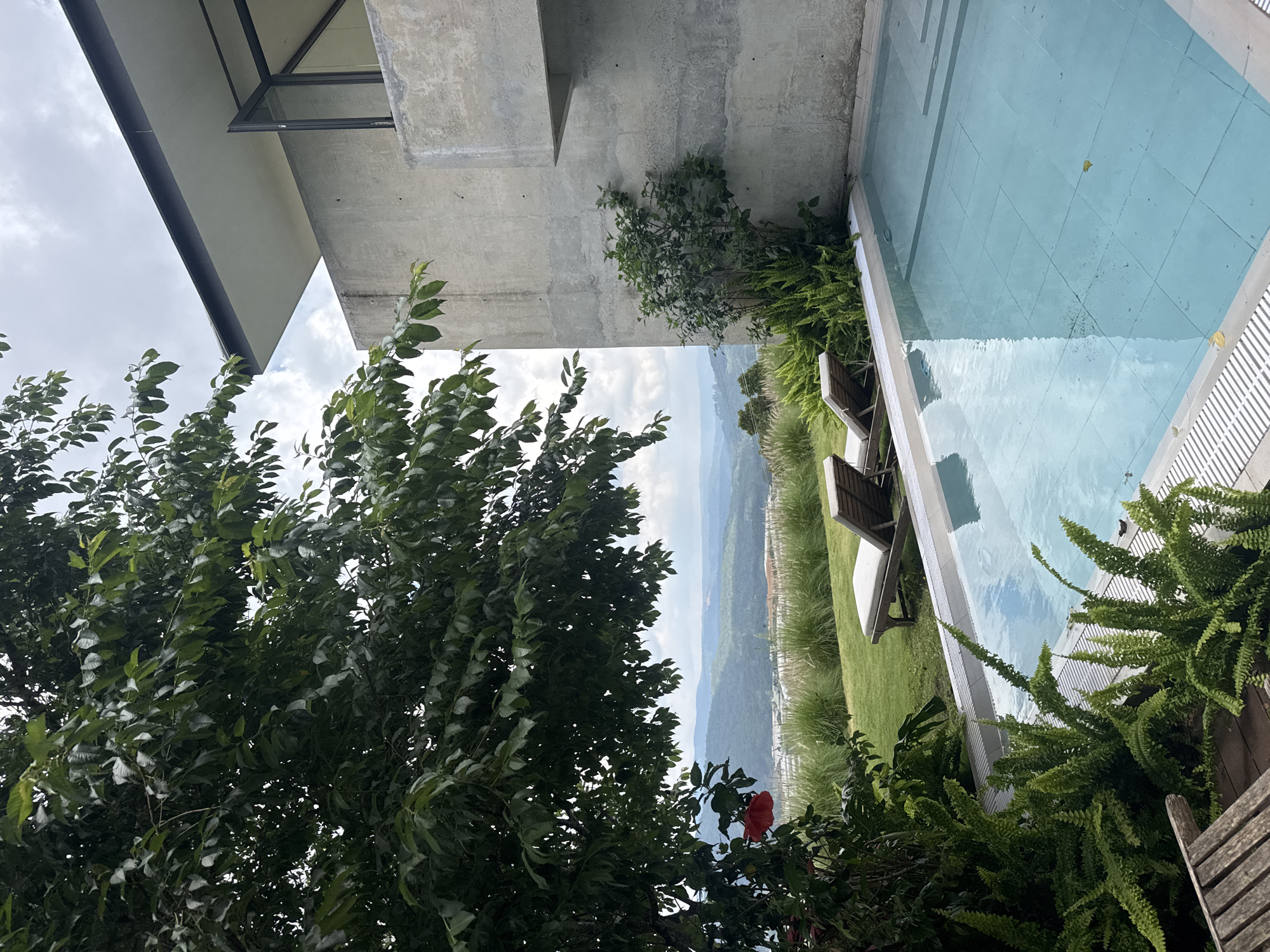 This is a medium-shot, eye-level, exterior photograph of a modern villa with a swimming pool, set against a hilly landscape. In the foreground, a light blue swimming pool with white tiling occupies the lower right portion of the frame. To the left of the pool, a wooden deck is visible, with part of a wooden lounge chair peeking into the frame. Lush green ferns grow along the edge of the pool and deck.
Behind the pool, on a manicured lawn, are two empty light-colored lounge chairs positioned facing the distant view. A large, leafy green tree with dark leaves dominates the left side of the image, casting shadows over the lawn and partially obscuring the view. A single red flower is visible on the tree branch on the far left.
The background features rolling hills covered in green vegetation, with some buildings and structures visible in the middle ground. The sky is overcast with scattered clouds. To the right of the frame, a large concrete structure, characteristic of modern architecture, with clean lines and minimal ornamentation, rises up, with a cantilevered upper level and glass elements. The overall impression is one of a serene, contemporary retreat overlooking a natural landscape. The location is identified as Đa Lộc, Vietnam.