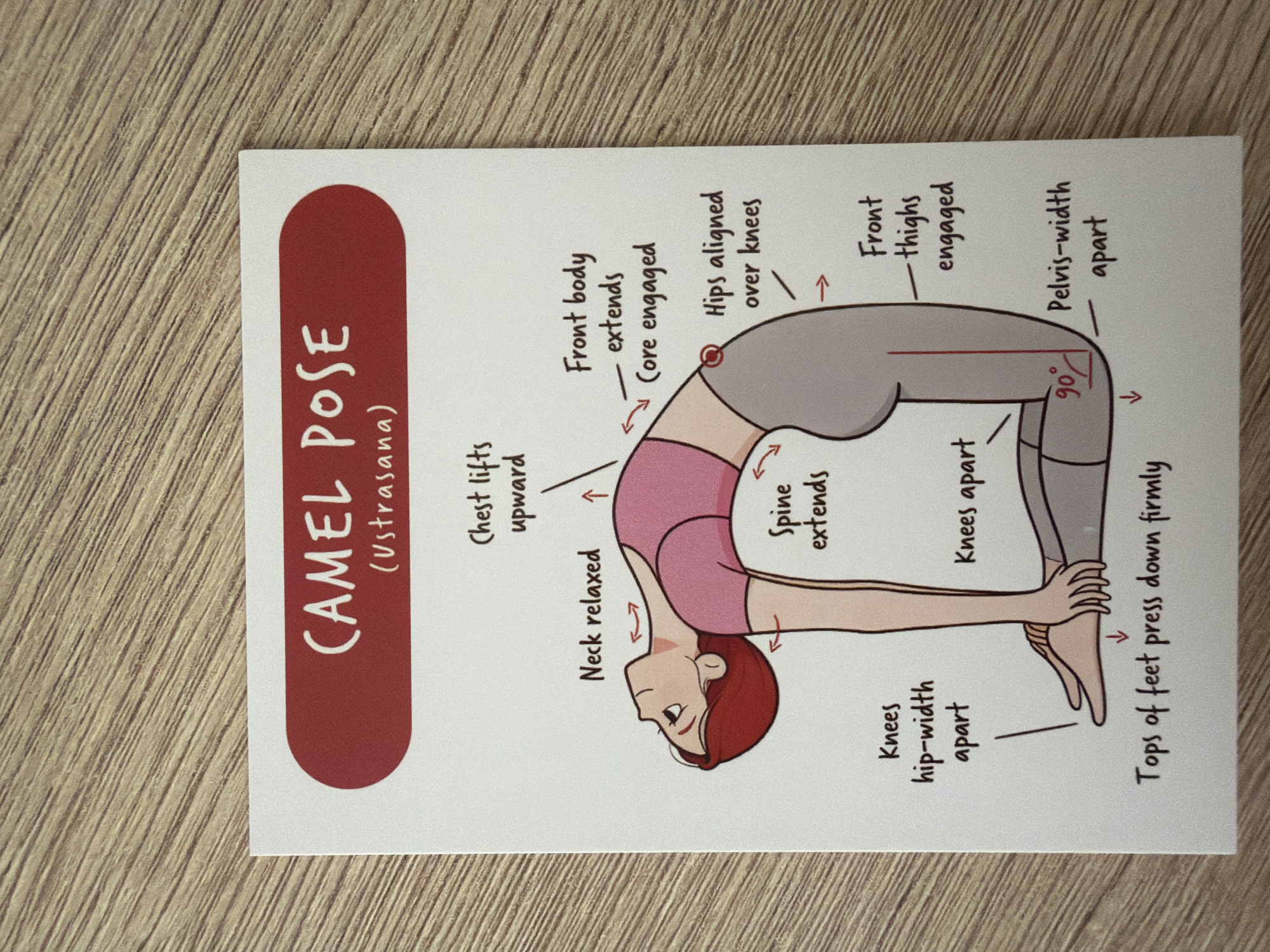 The image is a flat lay photograph of a yoga pose instruction card titled "CAMEL POSE (Ustrasana)". The card is white with a red header. The instruction card depicts a stylized illustration of a person in the Camel Pose, with various text annotations explaining the alignment and engagement of different body parts. These annotations include: "Chest lifts upward", "Neck relaxed", "Spine extends", "Front body extends", "Core engaged", "Hips aligned over knees", "Front thighs engaged", "Pelvis-width apart", "Knees apart", "Knees hip-width apart", and "Tops of feet press down firmly". The illustration shows the person kneeling with their back arched backward, hands reaching towards their feet. The card is placed on a light brown wooden surface with a visible grain pattern. There is no identifiable connection to the city of Pazardzhik, Bulgaria, or any specific location within it.