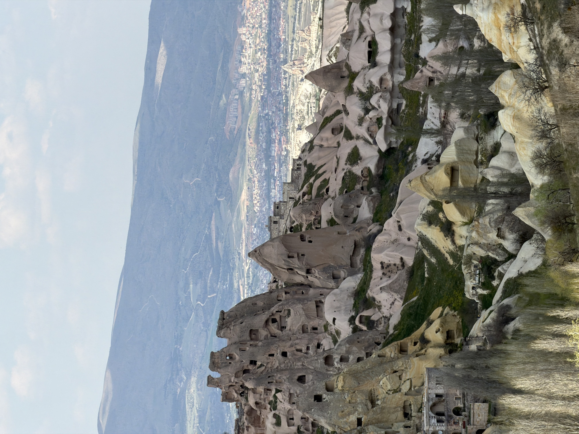 The image, presented on its side, captures a vast, panoramic landscape. On the left, a bright blue sky with scattered white clouds fills approximately one-third of the frame. The right two-thirds of the image are dominated by an intricate natural and human-modified landscape.
In the foreground (lower right of the image), towering light-colored rock formations, typical of volcanic tuff, rise dramatically. These formations are extensively carved with countless rectangular and arched openings, indicating numerous cave dwellings, rooms, and passages. Some sections of the rock are darker grey, while others are light beige or white. Sparse green vegetation, including patches of grass and some bare deciduous trees, clings to the rock faces and fills crevices.
Further into the midground (upper right of the image), the terrain slopes down into a wide valley where a densely built urban area or town sprawls across the landscape. Numerous buildings with roofs of varying colors are visible, suggesting a vibrant settlement. In the far background (upper right corner and extending to the top edge), a large, undulating mountain range or plateau appears hazy and blue, forming the horizon.
The scene depicts a clear, bright day. No people or specific activities are visible. There is no discernible text in the image. The unique rock-cut architecture strongly suggests the region of Cappadocia, specifically Uçhisar Beldesi, Turkey.